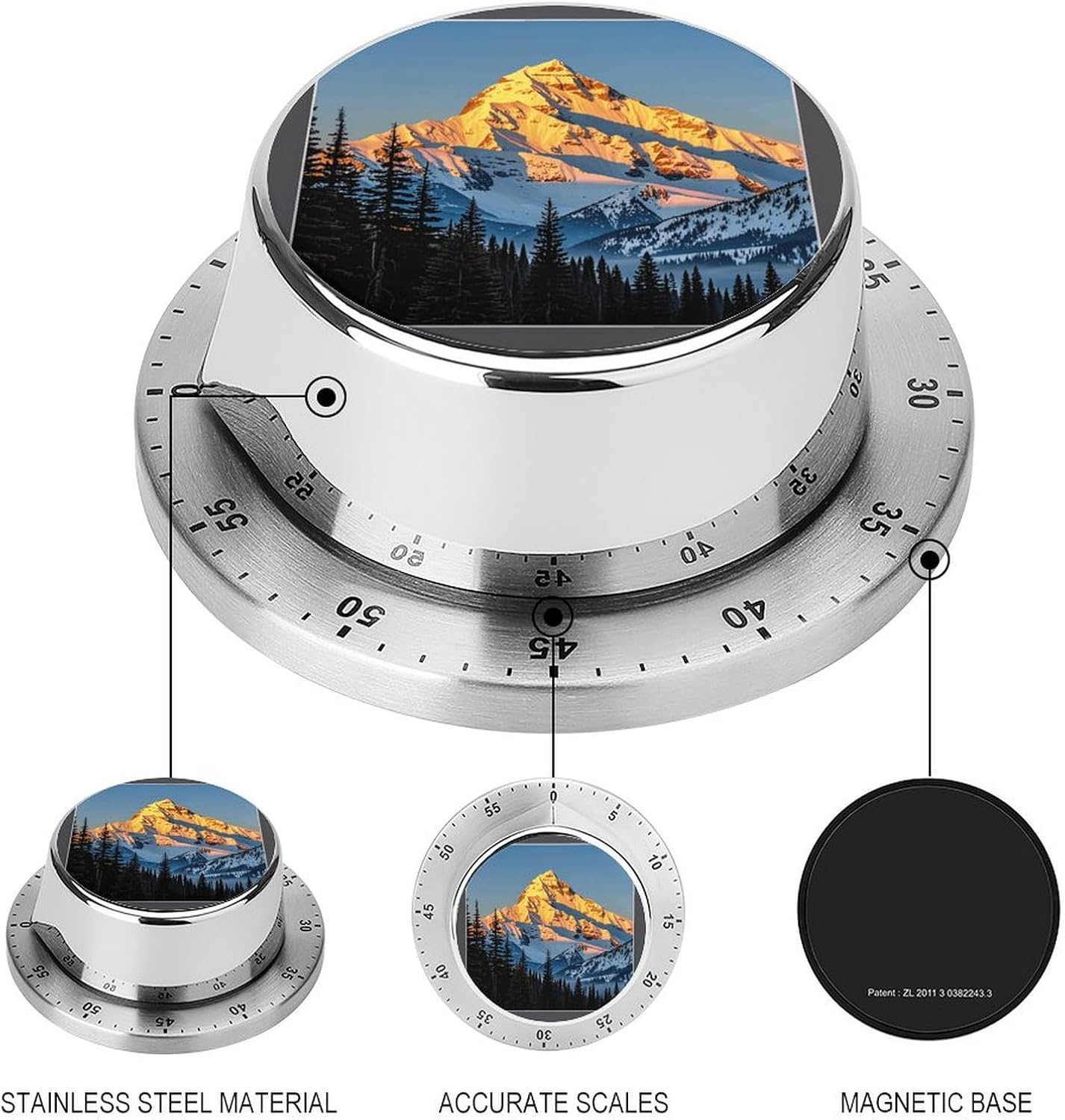 Mountain Pine Tree Print Timer Stainless Steel Kitchen Timers Waterproof & Rust-Proof 60 Minute Mechanical Timer with Loud Alarm for Cooking, Baking, Fitness
