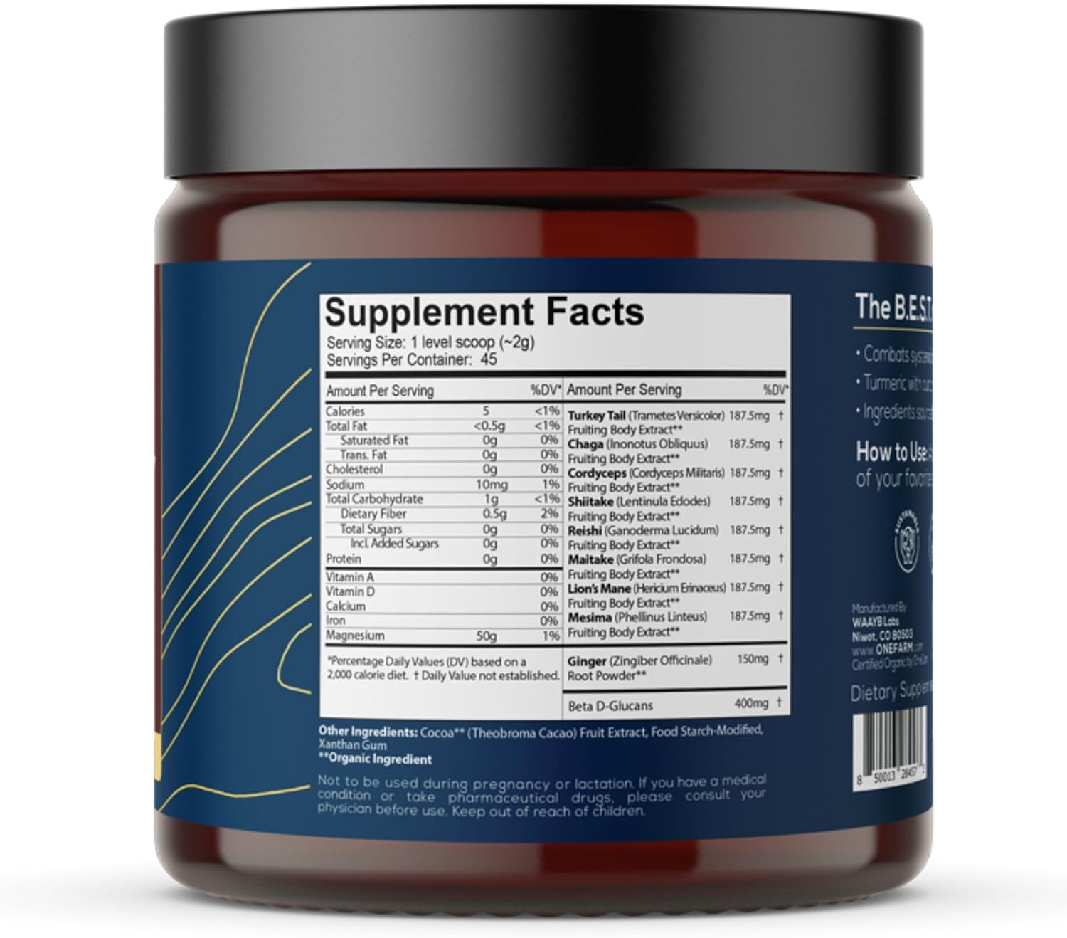 One Farm by WAAYB Organic 8 Mushroom Immunity Powder, Non-GMO - Turkey Tail, Chaga, Cordyceps, Shiitake, Reishi, Maitake, Lion's Mane, and Mesima - Vegan Mushroom Supplement in a Resealable Glass Jar