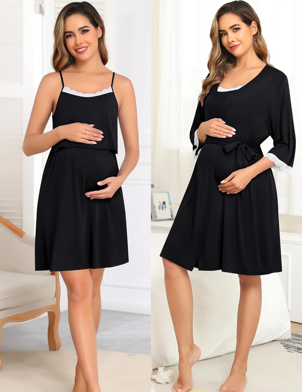 SWOMOG Lace Maternity Nursing Gown and Robe Set Double Layer Labor Delivery Nursing Hospital Nightgowns for Breastfeeding - Image 2