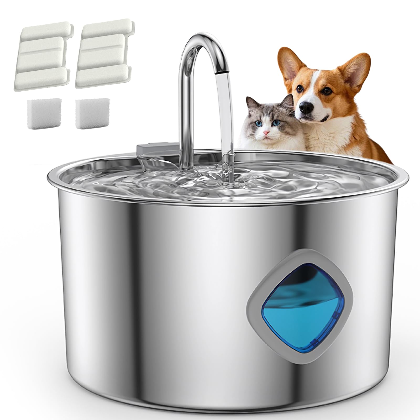 Cat Water Fountain Stainless Steel, 3.2L/108oz Pet Water Fountain for Cats & Small Dogs, Ultra-Quiet Indoor Drinking Fountain