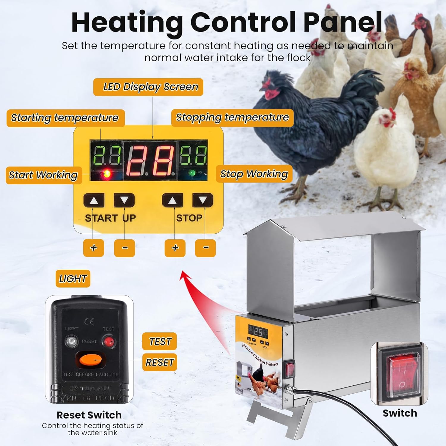 1.5 Gallon Heated Chicken Waterer Automatic Chicken Water Heater for Winter, Freeze Proof Poultry Drinker Watering System
