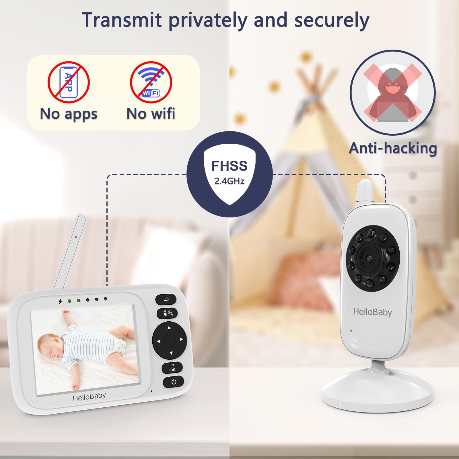 HelloBaby Baby Monitor con Video e Audio, 3.2" IPS Schermo, Zoom Digitale 2X, Visione Notturna, ECO/VOX, Promemoria Poppate, 8 Lingue, Carica USB,Portata 300m