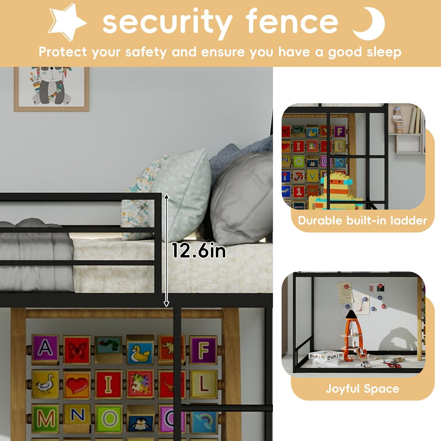 Metal Twin Over Twin Bunk Bed, Children's Bunk Bed, Noise Reduction, Safety Guardrail, No Need for Box Spring, Heavy Duty Bunk Beds Frame