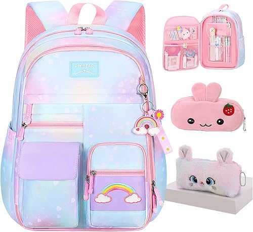 Mochila de arcoíris para niñas y niños, linda mochila escolar para estudiantes con bolsa para bolígrafos, bolsa de viaje para portátil con diseño de