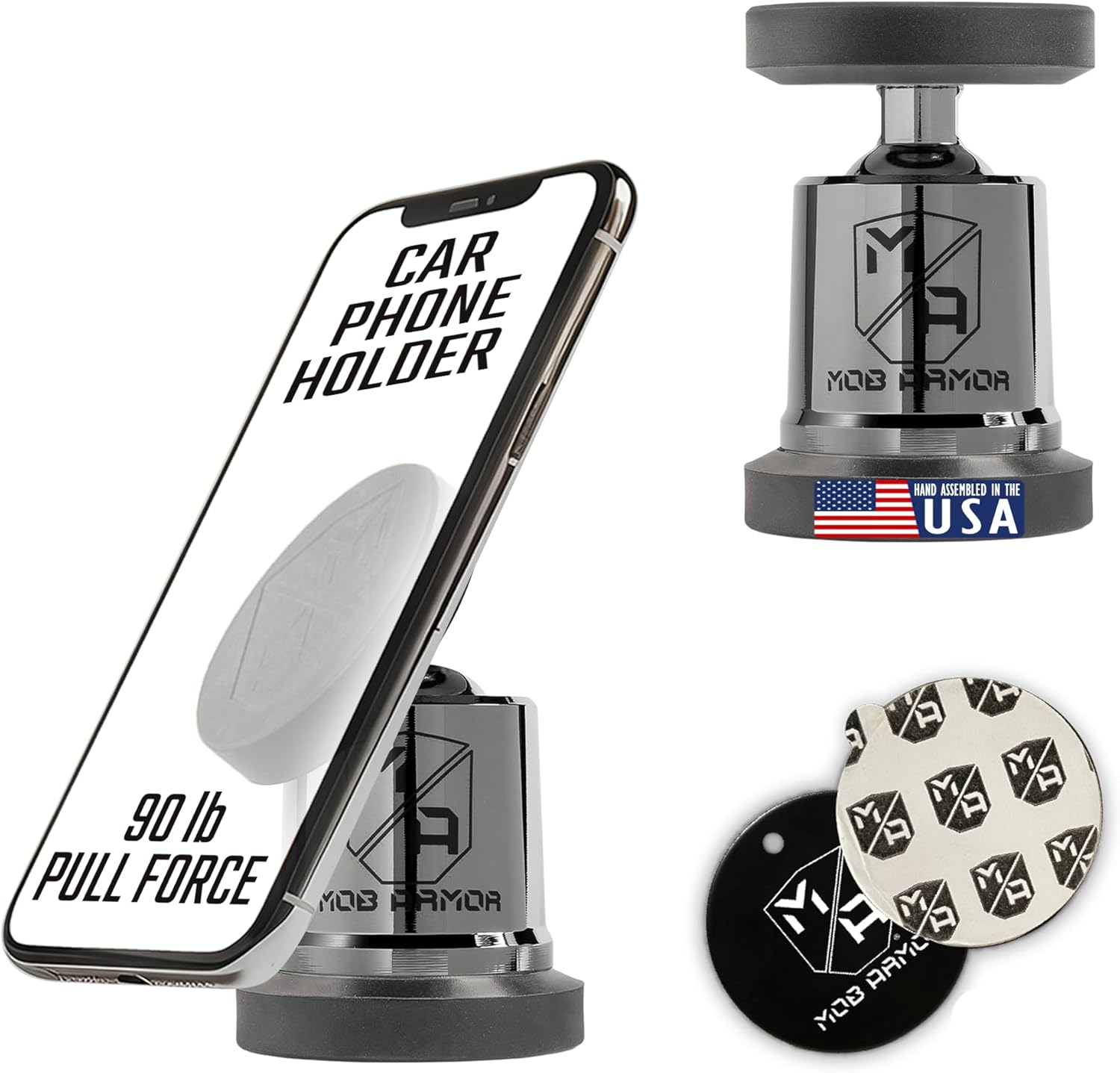 Mob Armor MobNetic Maxx - USA Assembled Magnetic Phone Holder for Car, Magnetic Car Phone Mount, 90-Degree Tilt, 360-Degree Rotation, Aluminum Metal, Compatible with iPhone & Android - Black Chrome