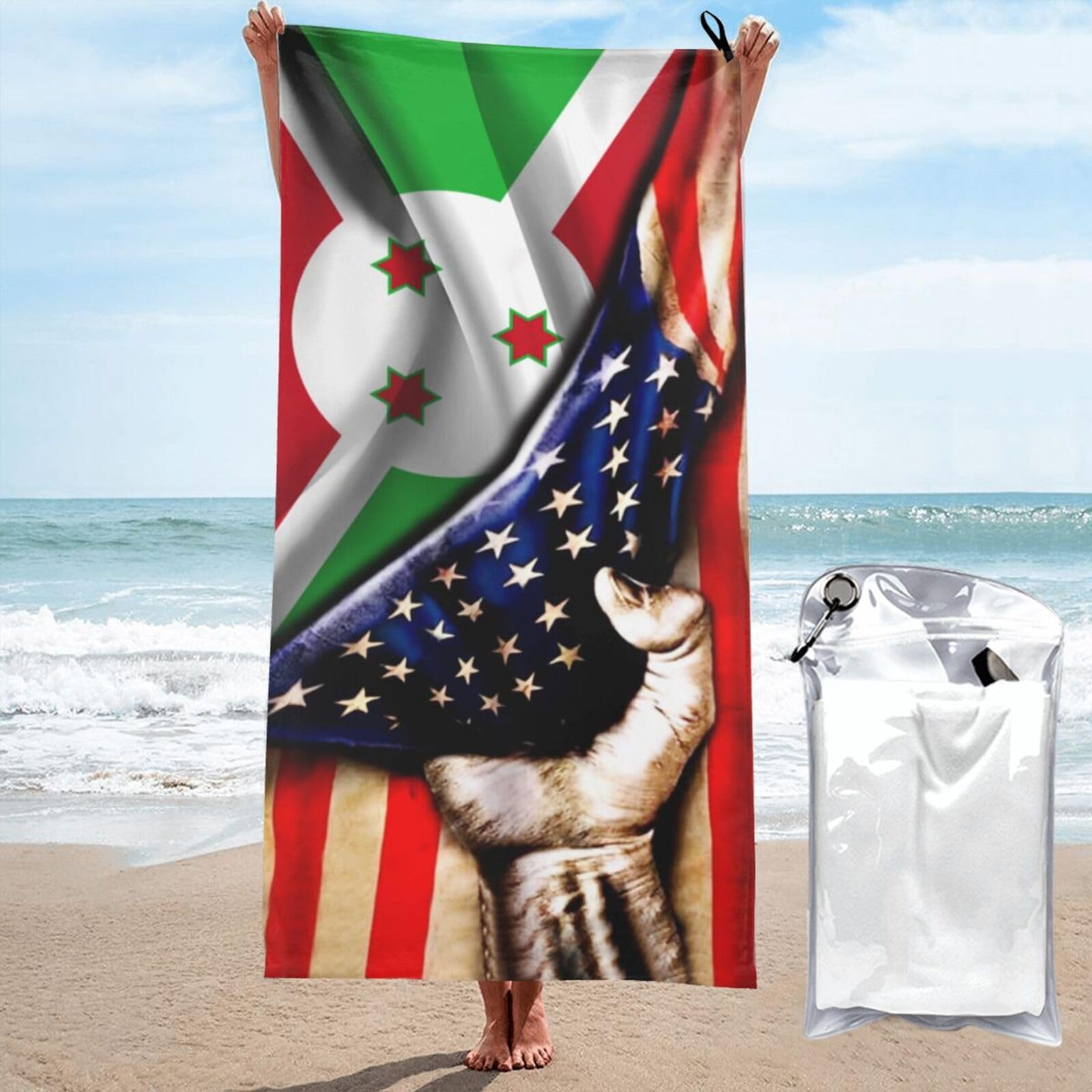 HACXZ Microfiber Beach Towel America Flag and Burundi Flag Large Camping Towel Bathroom Beach Towels