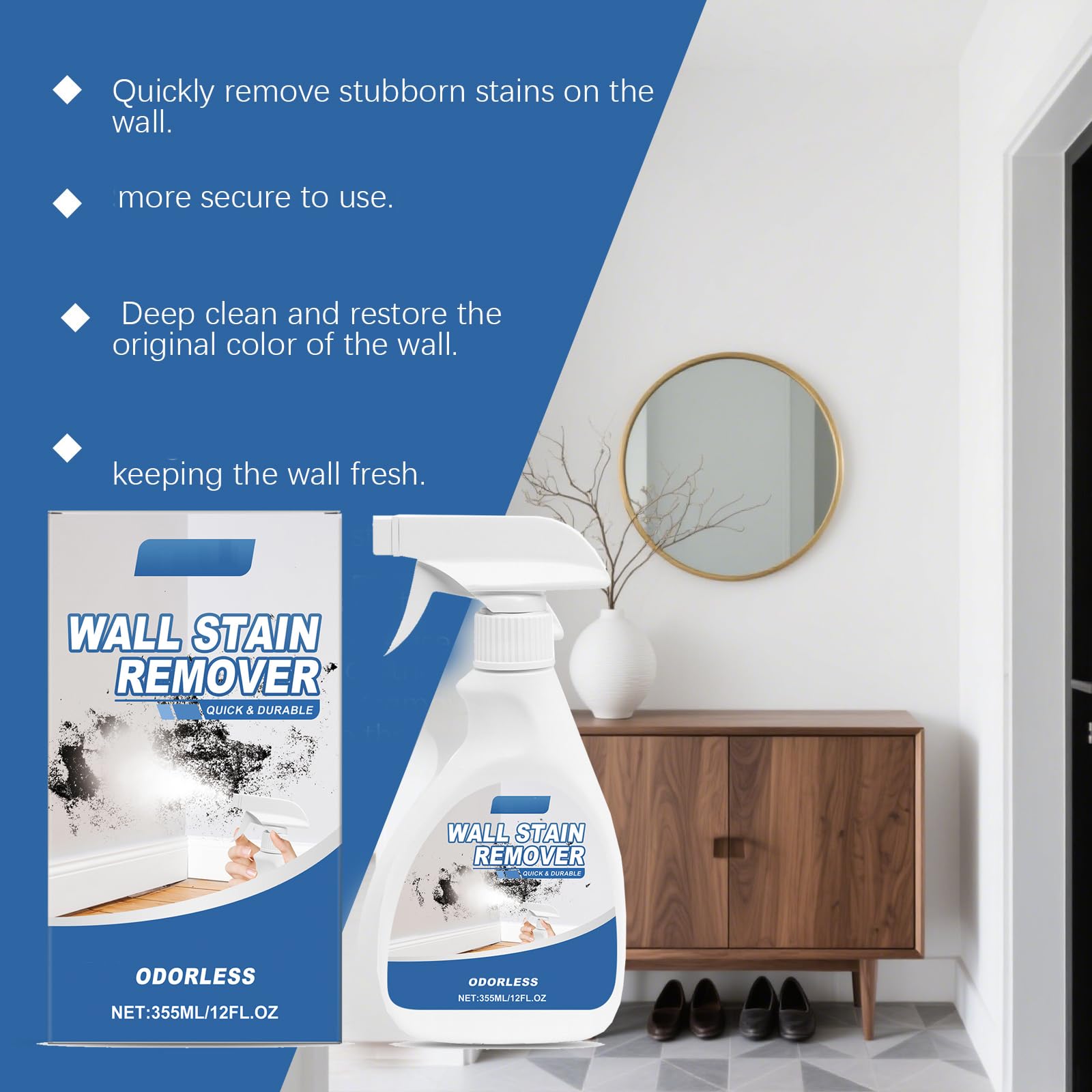 Spray limpiador de pared para el hogar, quitamanchas y limpiador para paredes blancas, protección a largo plazo sin dañar la pared, quitamanchas de pared, para azulejos de baño y cocina (3 unidades)