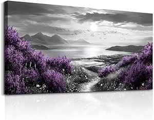 Canvas Wall Decor for Bedroom Large Wall Art for Living Room Modern Office Wall Decoration Purple Flowers Landscape Paintings Black and White Scenery Pictures Artwork Aesthetic Home Decor