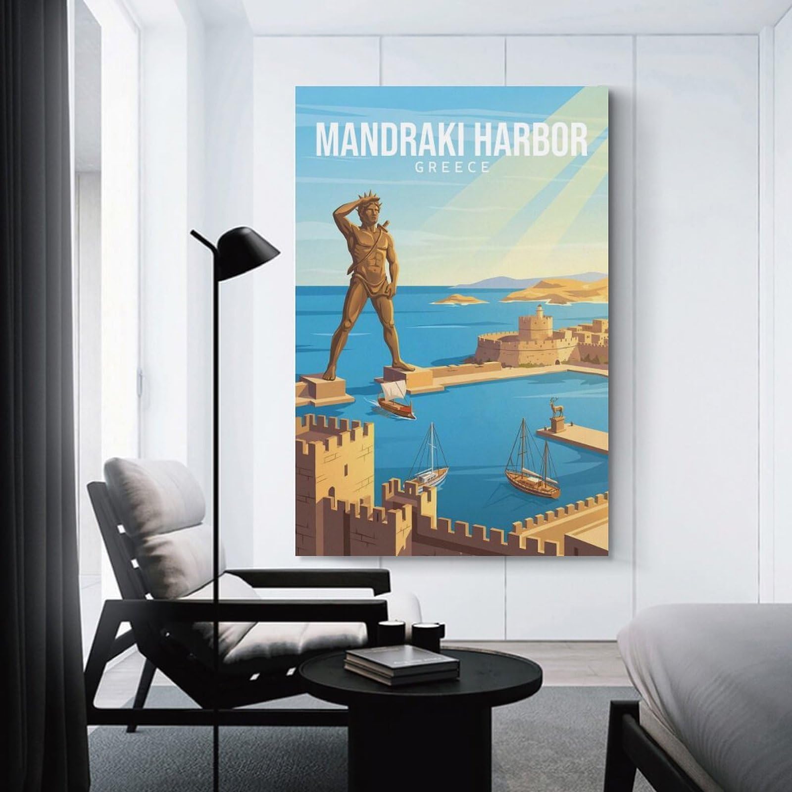 Junmoney Mandraki Harbor Greece Canvas Wall Decor, 24x36inch(60x90cm), for Home Lounge, Bedroom Or Reading Nook, Modern Wall Decor for Cosy Interiors