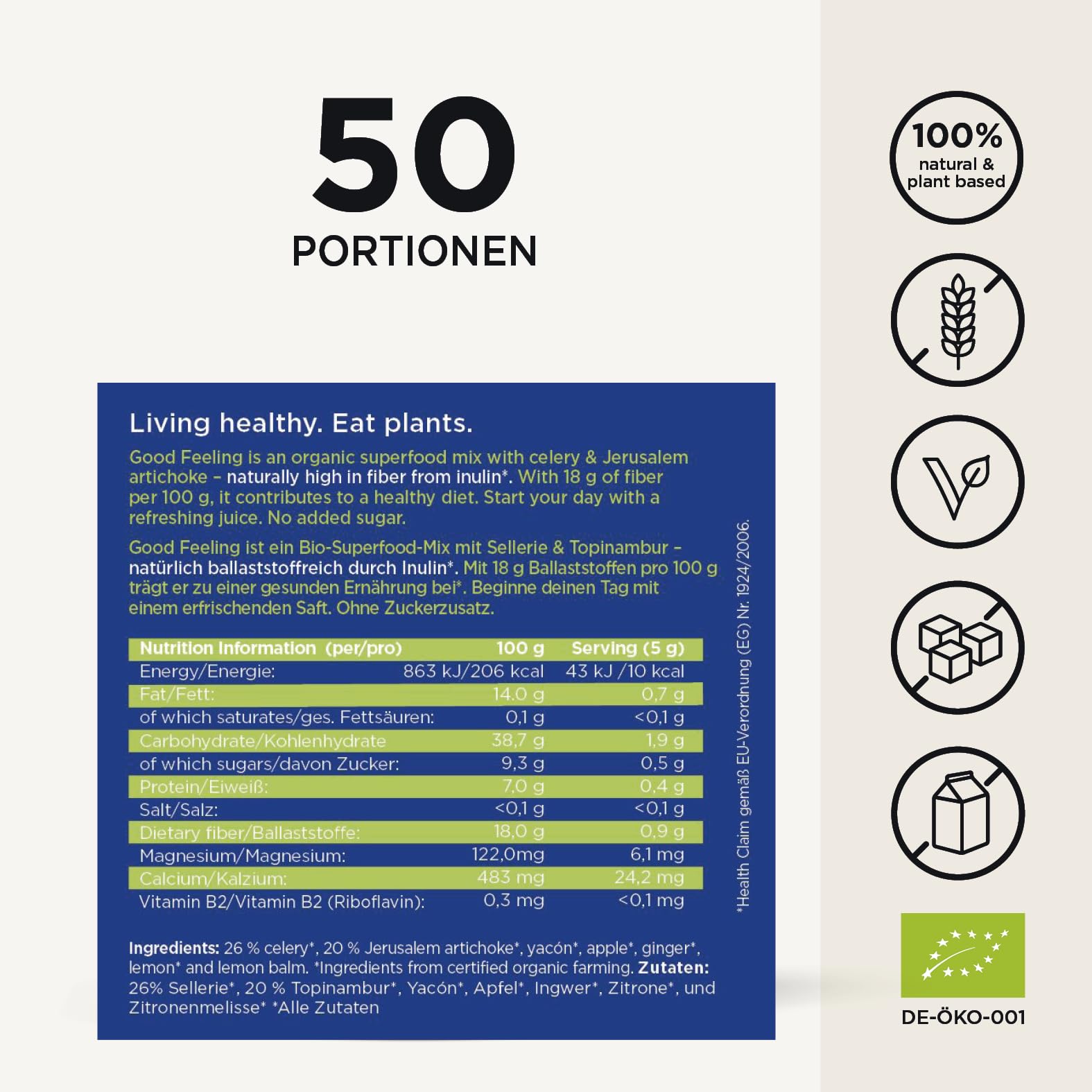 SOOPER FOOD Good Feeling | Veganer Bio Instant-Selleriesaft mit Ingwersaftpulver | Mit Ballaststoffen aus Sellerie, Topinambur & Ingwer | ohne Zusatzstoffe | 50 Portionen | 250g