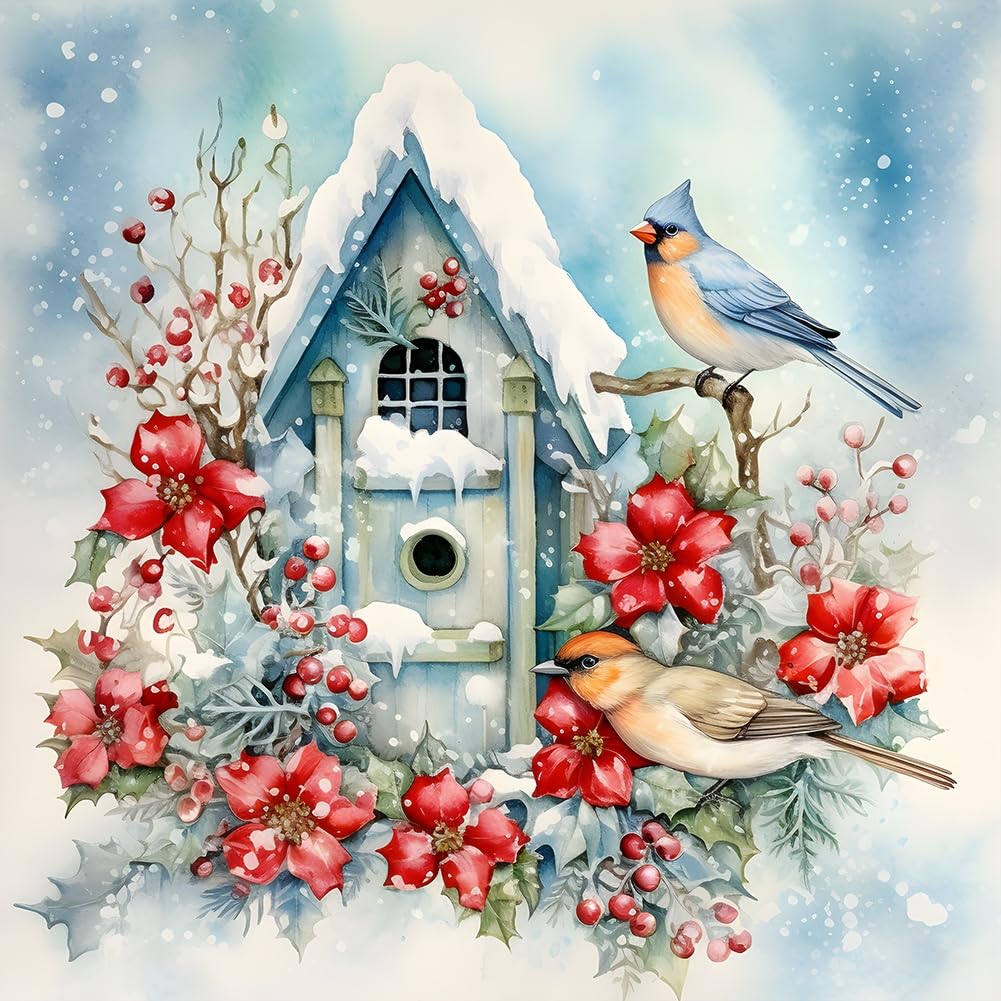 Amiiba Pre Printed Cross Stitch Kits for Adults, Winter Bird Home 11ct Stamped Embroidery Kits 15.7ร15.7 inch DIY Wall Art Decor for Beginners โ image 1