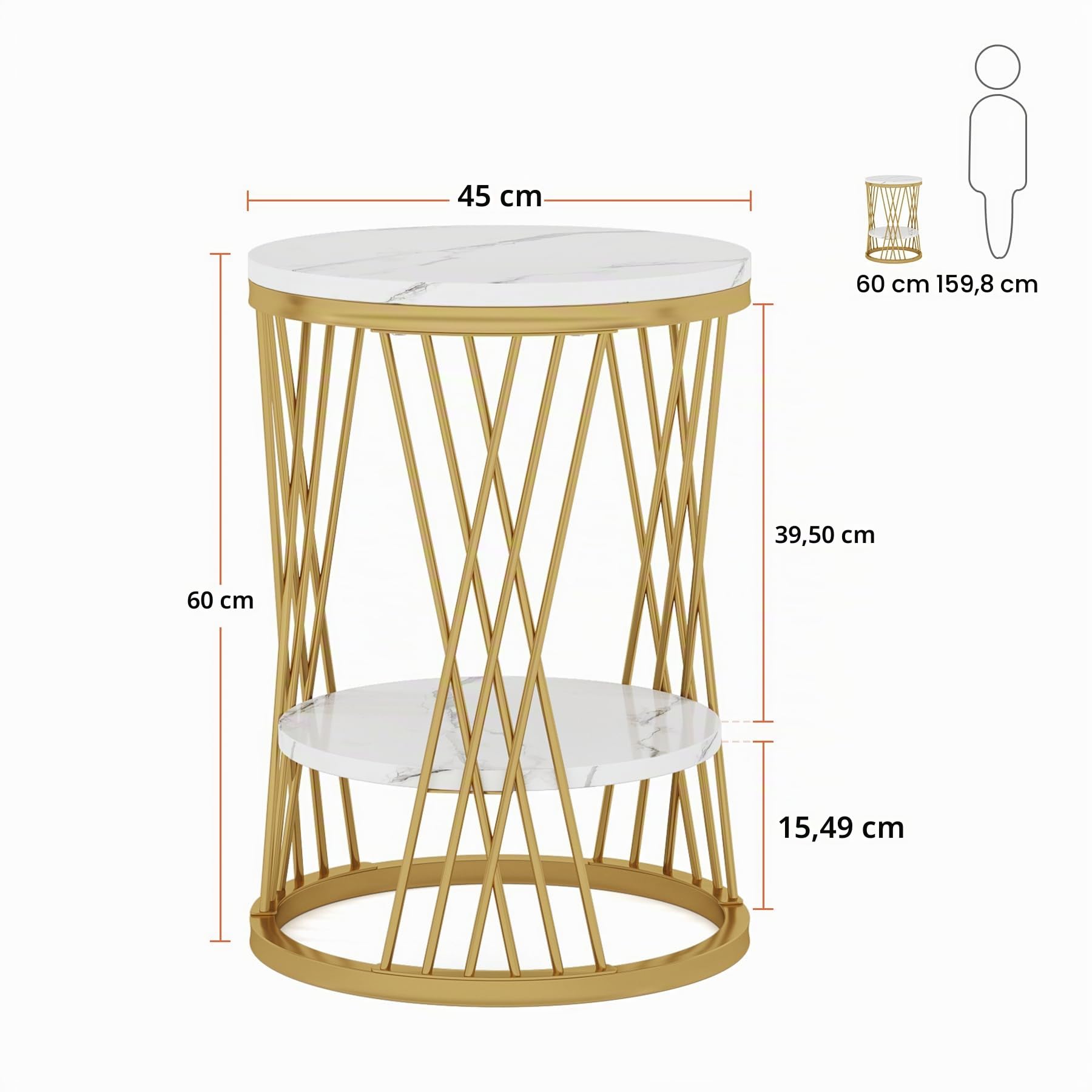 Tribesigns Set di 2 tavolini rotondi in oro bianco con ripiani in finto marmo, comodino a 2 ripiani, tavolino sottile per caffè, snack, divano, camera da letto, soggiorno (2 pezzi)