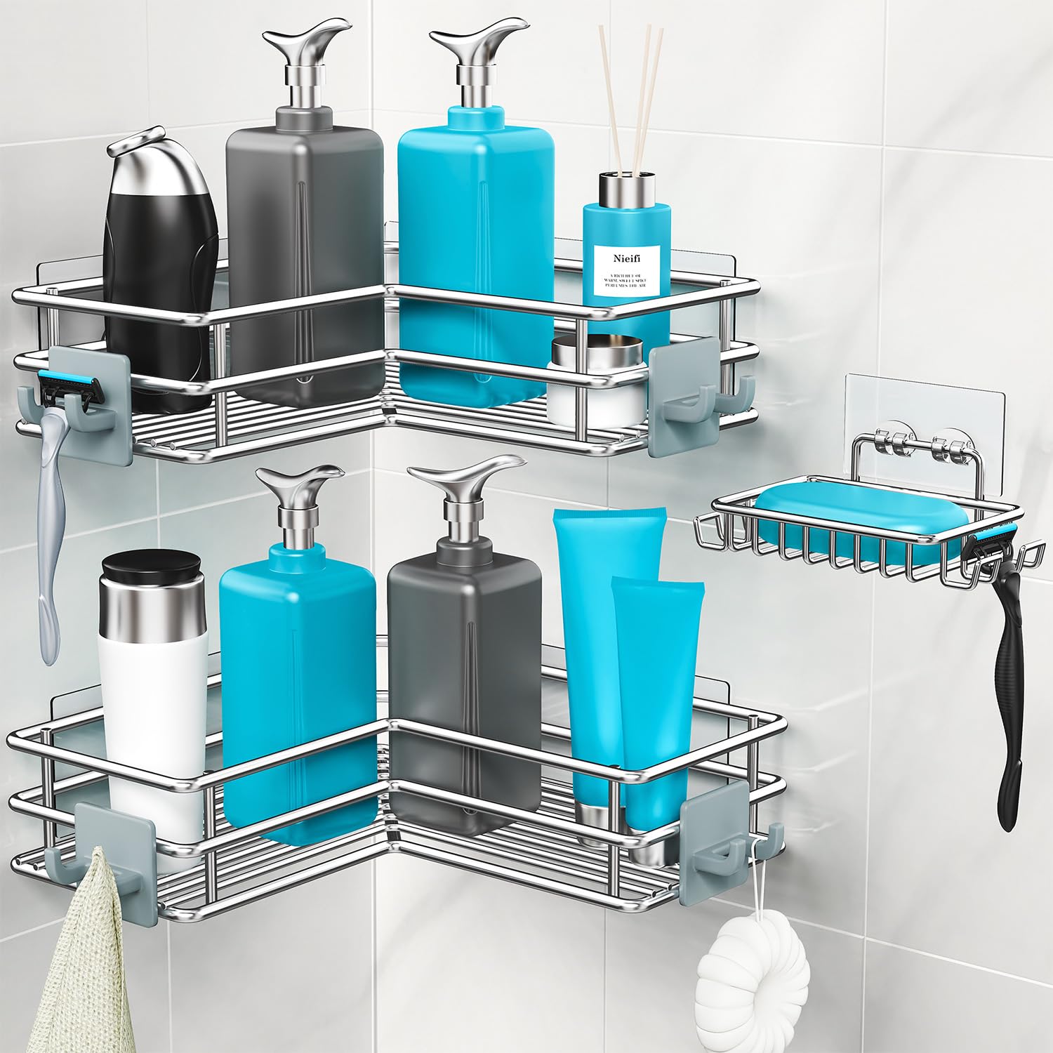 Nieifi Adhesive Stainless Steel Corner Shower Caddy 3 Pack with Soap Holder Silver