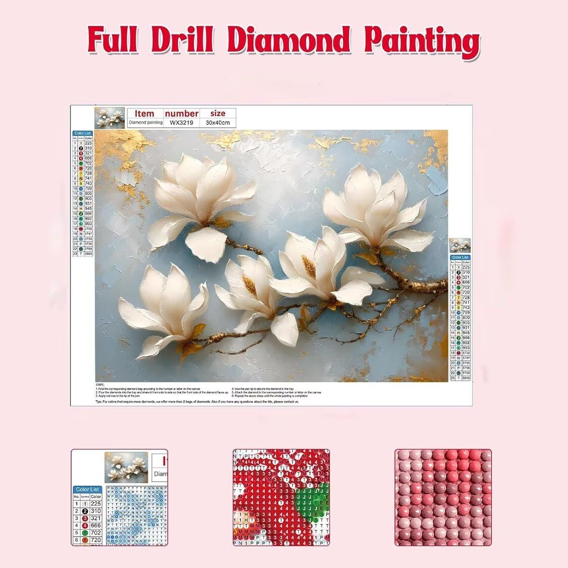 DIY Malarstwo diamentowe 5D, diamentowe zestawy magnolii dla dorosłych, sztuka ze strasu, płótno, haft, artykuły rzemieślnicze, dla dzieci i dorosłych, idealna dekoracja ścienna do domu, prezenty, 100