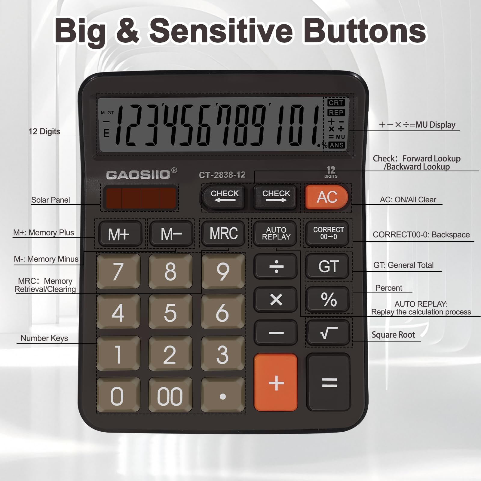 Calculadora de escritorio extra grande de 5 pulgadas, pantalla LCD de 12 dígitos, energía solar y batería, botón grande, función estándar para negocios, oficina, escuela (negro)