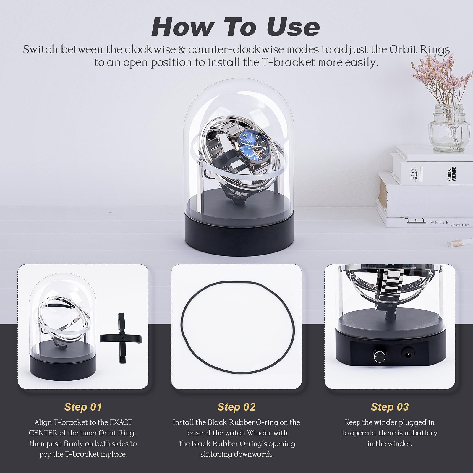 Ultra Leise Uhrenbeweger für Automatikuhren, <15dB Silent Rotation, 4 Modi & 6 Richtungen, für Automatikuhren Rolex/Omega, Anti-Magnetischer Motor mit Glasvitrine (Silber)