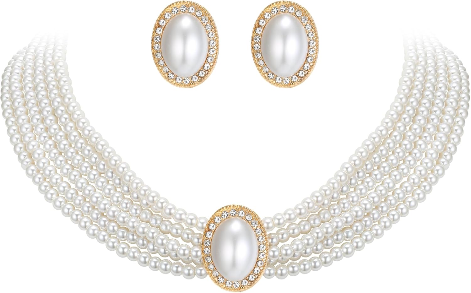 EVER FAITH 1920s Gatsby Faux Pearls Jewelry Set for Party, Crystal Simulated Pearl Vintage Inspired Chunky Choker Necklace Stud Earrings Sets for Women