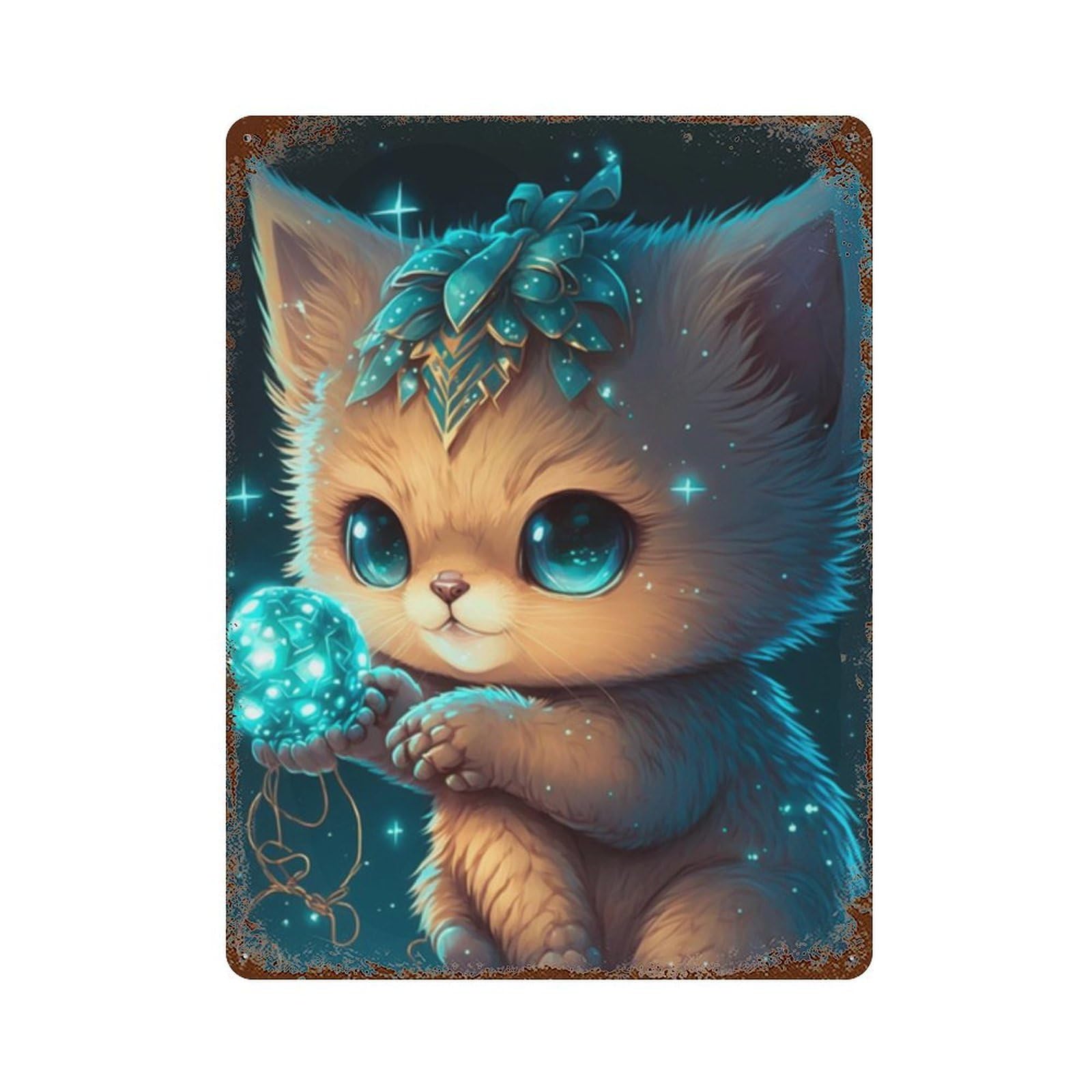 Magical Kitten with Glowing Orb Decorative Tin Sign 15.7"x11.8", Shabby Chic Decor for Garage, Pub Or Kitchen