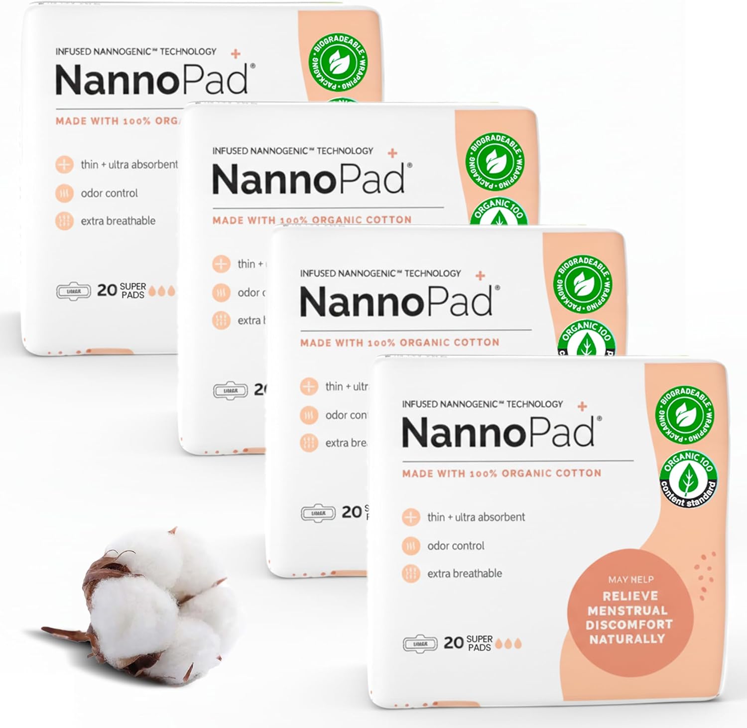 100% Organic Pads for Women - Organic Cotton Overnight Pads with Wings - Designed for Comfort & Ultra-Thin - No Fragrances, Odor-Control, Breathable - Super (4 Pack, 80 Count)