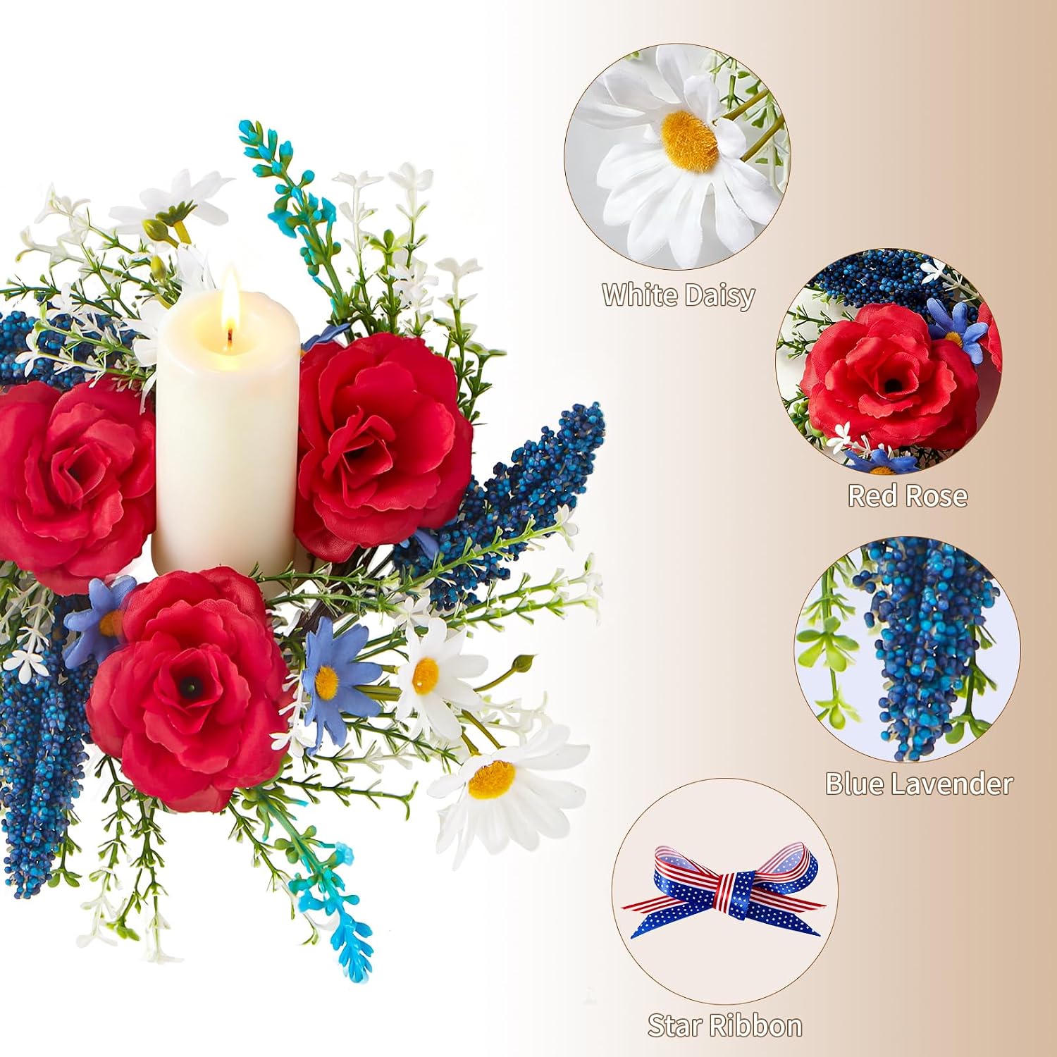 Mini 4th of July Wreath 4Pcs, 11.8 Inch Small Patriotic Wreath with Ribbon, Artificial Rose Lavender Daisy Wreath, Hanging/Tabletop/Candle Ring Decor for Home Front Door, Porch, Wall, Window, Cabinets