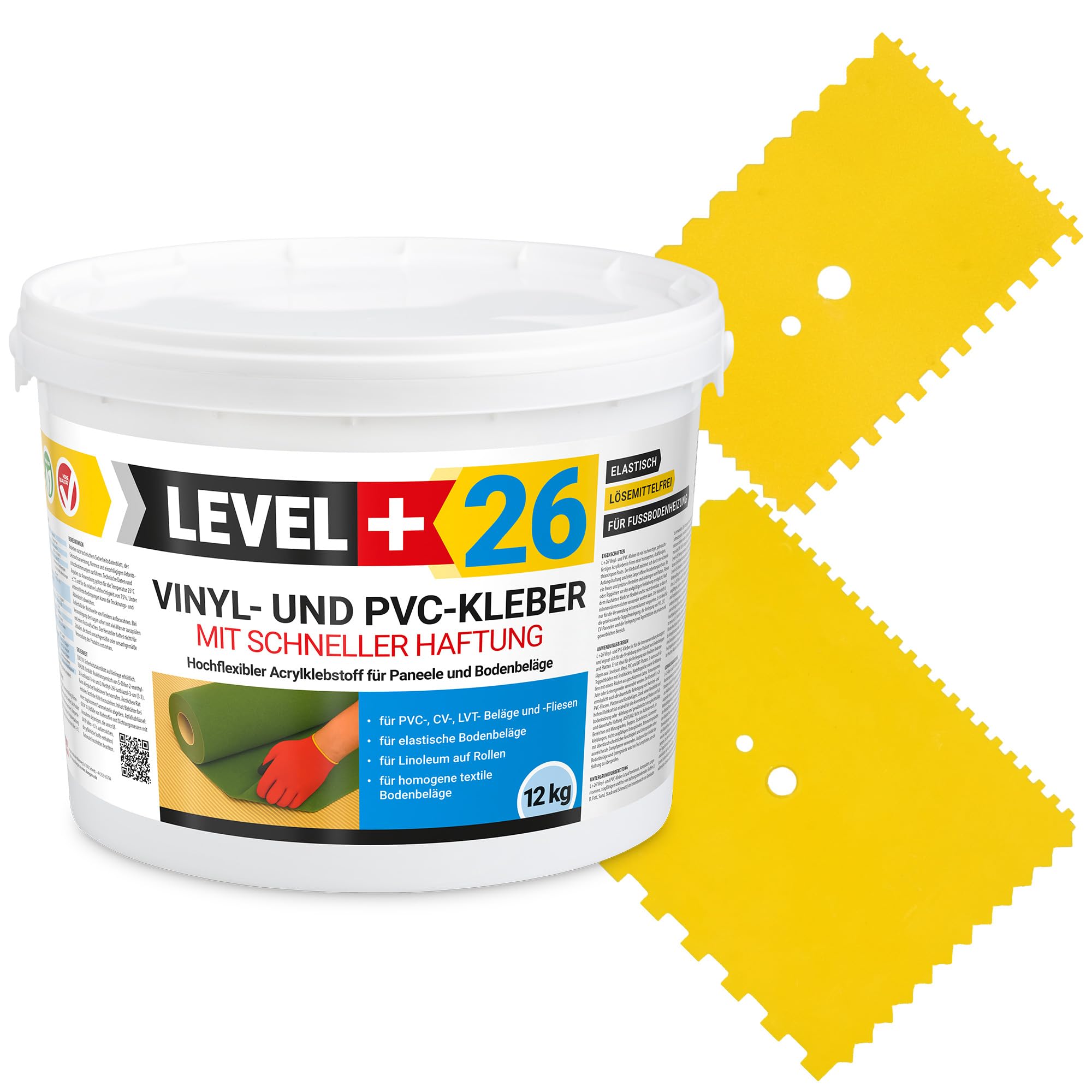 26 adesivi in vinile PVC LVT CV, 12 kg, per pavimenti in vinile, senza solventi, rapida adesione + 2 spatole dentate
