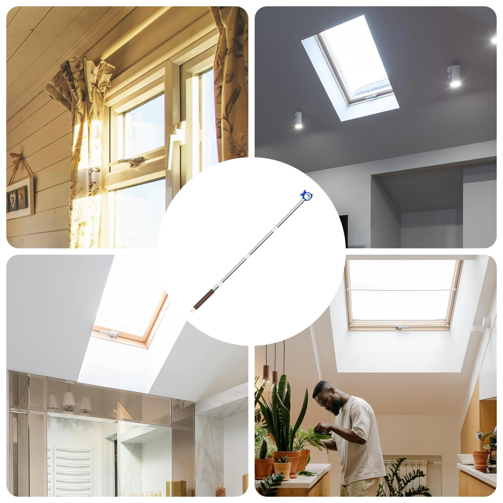 Tubo de extensión con gancho para ventana de tejado, 110 cm, acero inoxidable, compatible con Velux, para manipular ventanas y persianas de difícil acceso