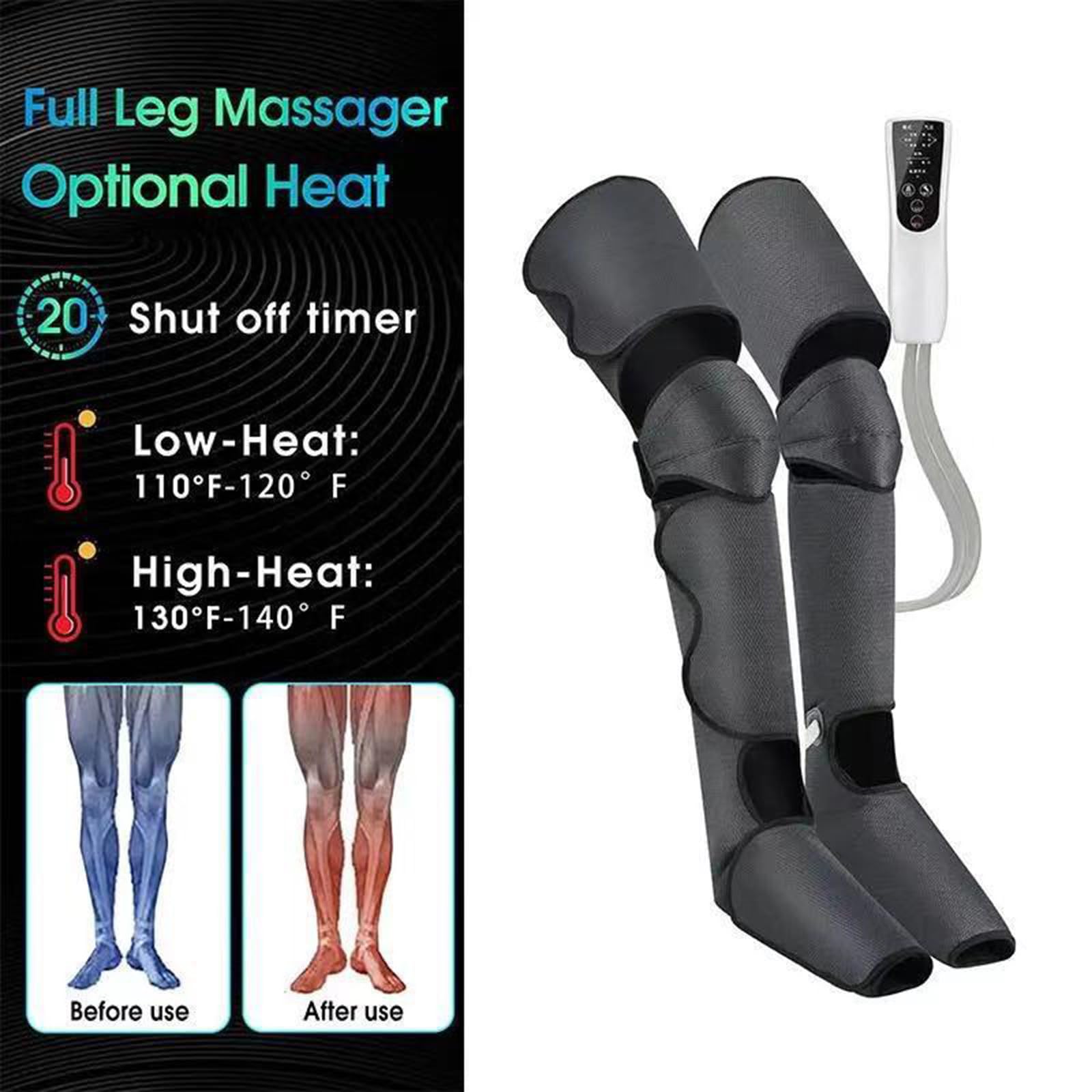 Masajeador de piernas para circulación de calor, masaje de compresión de pies de muslo de pantorrilla, diseño de envoltura ajustable, relaja los músculos del dolor de piernas