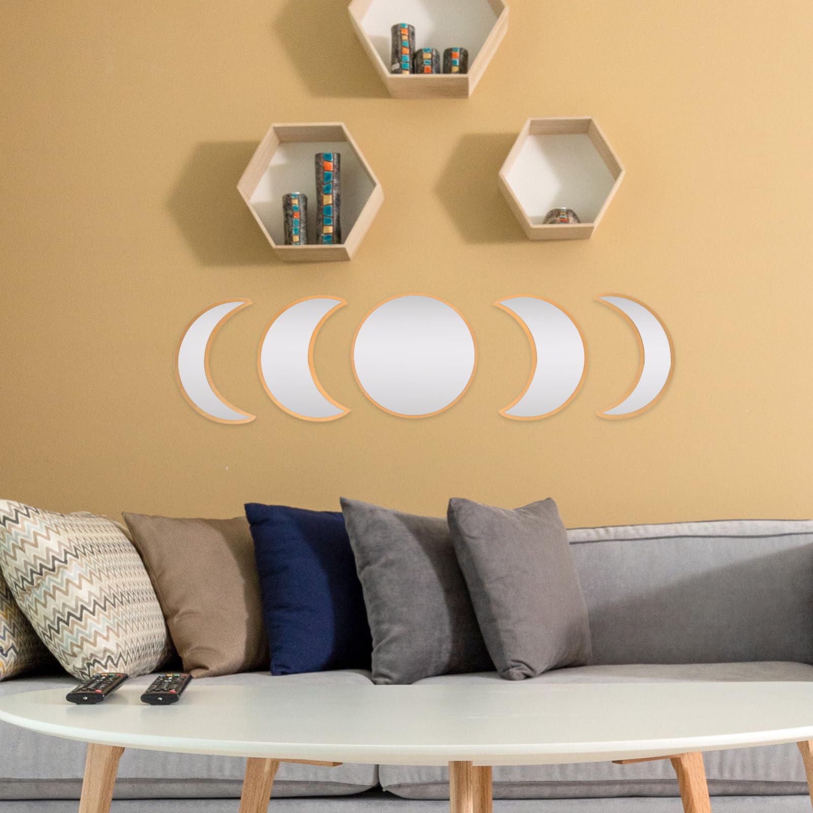 Garneck Set 5 Pezzi Specchi Decorativi Fasi Lunari in Legno Acrilico | Argento, Stile Nordico Semplice ed Elegante, Riflessione Nitida ad Alta Chiarezza, per Casa e Living Space