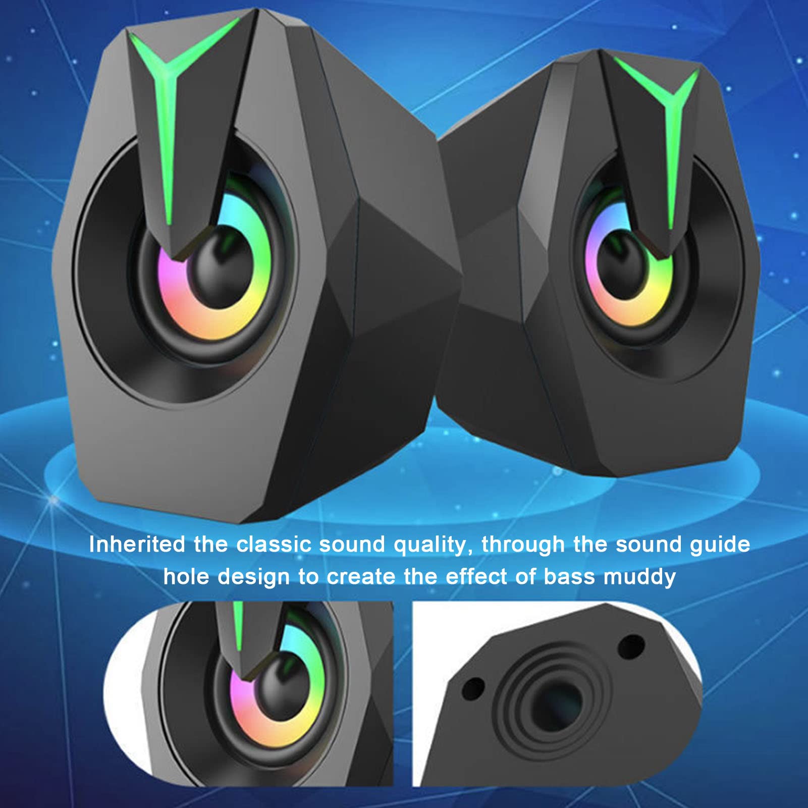 Yunir USB Wired Computer Speakers, HiFi Sound Subwoofer Portable Desktop Speakers with RGB Ambient Light, for Laptop Desktop Computer (Black)