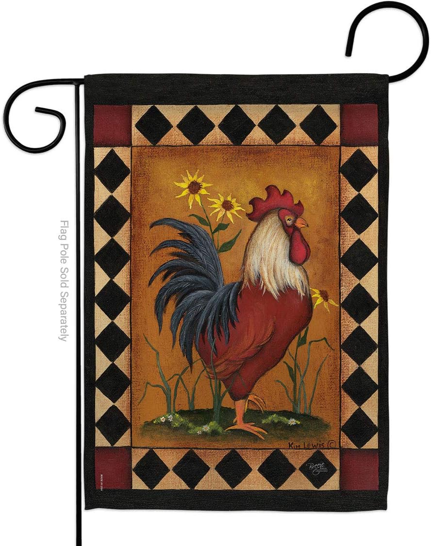 Rooster Garden Flag Set with Stand Animals Barnyard Animal Cow Horse Farmhouse Pet Nature Farm Creature Small Decorative Gift Yard House Banner Made In USA 13 X 18.5