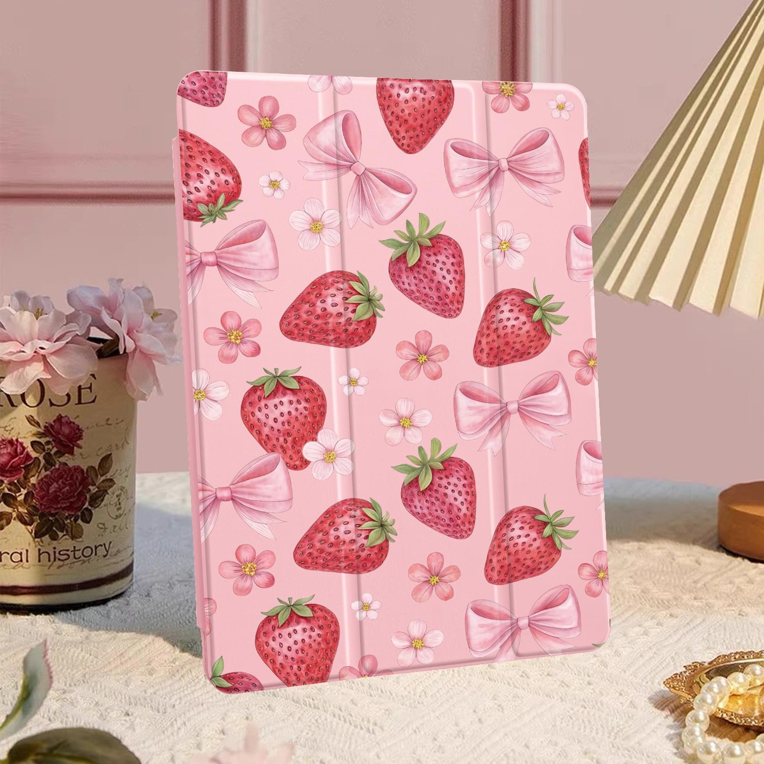 CraftedCY Kawaii Pink Strawberry Case for Ipad 10Th 10.9" Cute Bow Design Cover Foripada16 11" 2025 Auto Sleep/Wake Adjustable &Pencil Holder Aesthetic Pattern Anti-Slip Shockproof Shell Girl