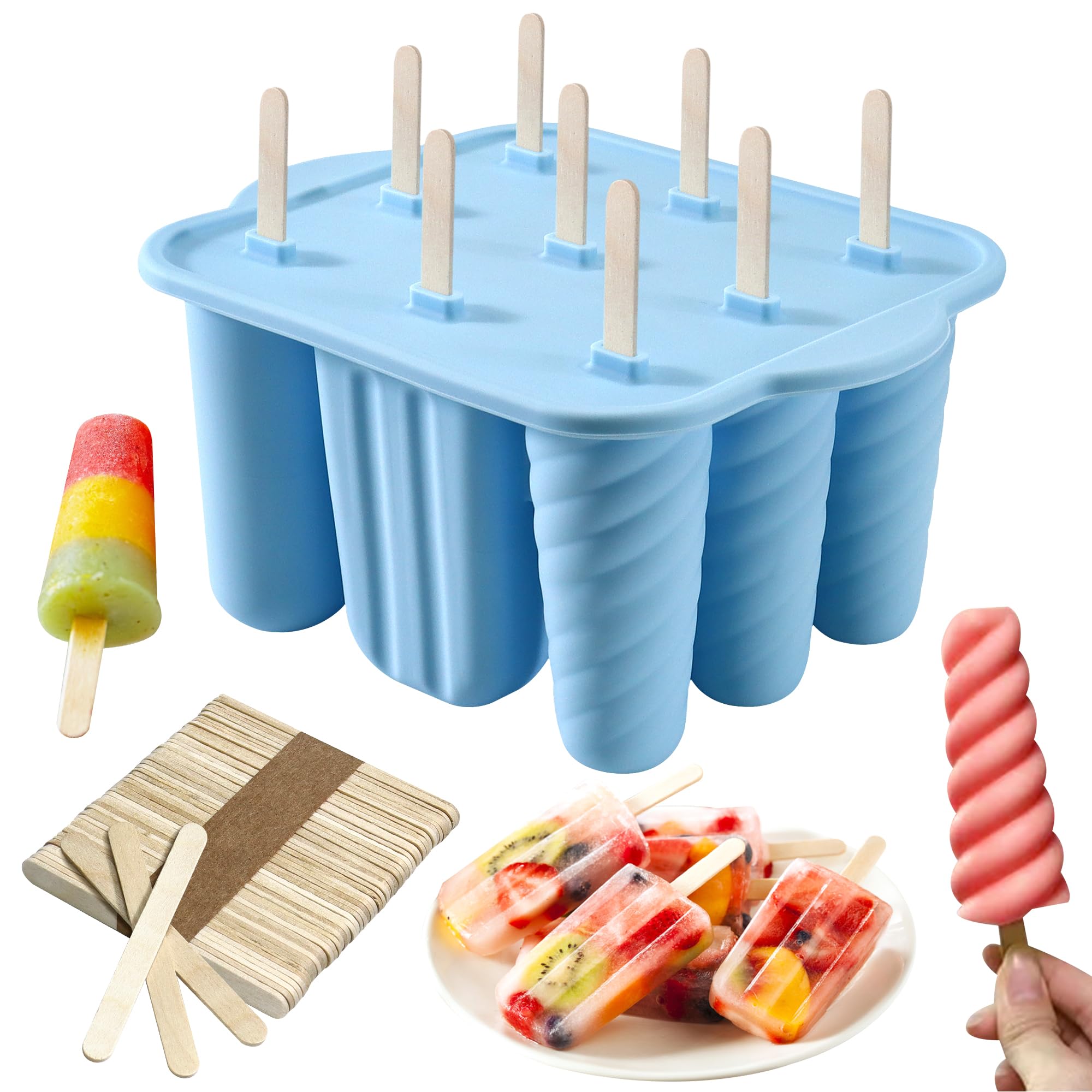 Ice Lolly Moulds, 9 Cavity Silicone Ice Lolly Tray & Ice Cream Moulds with 50 Wooden Stick