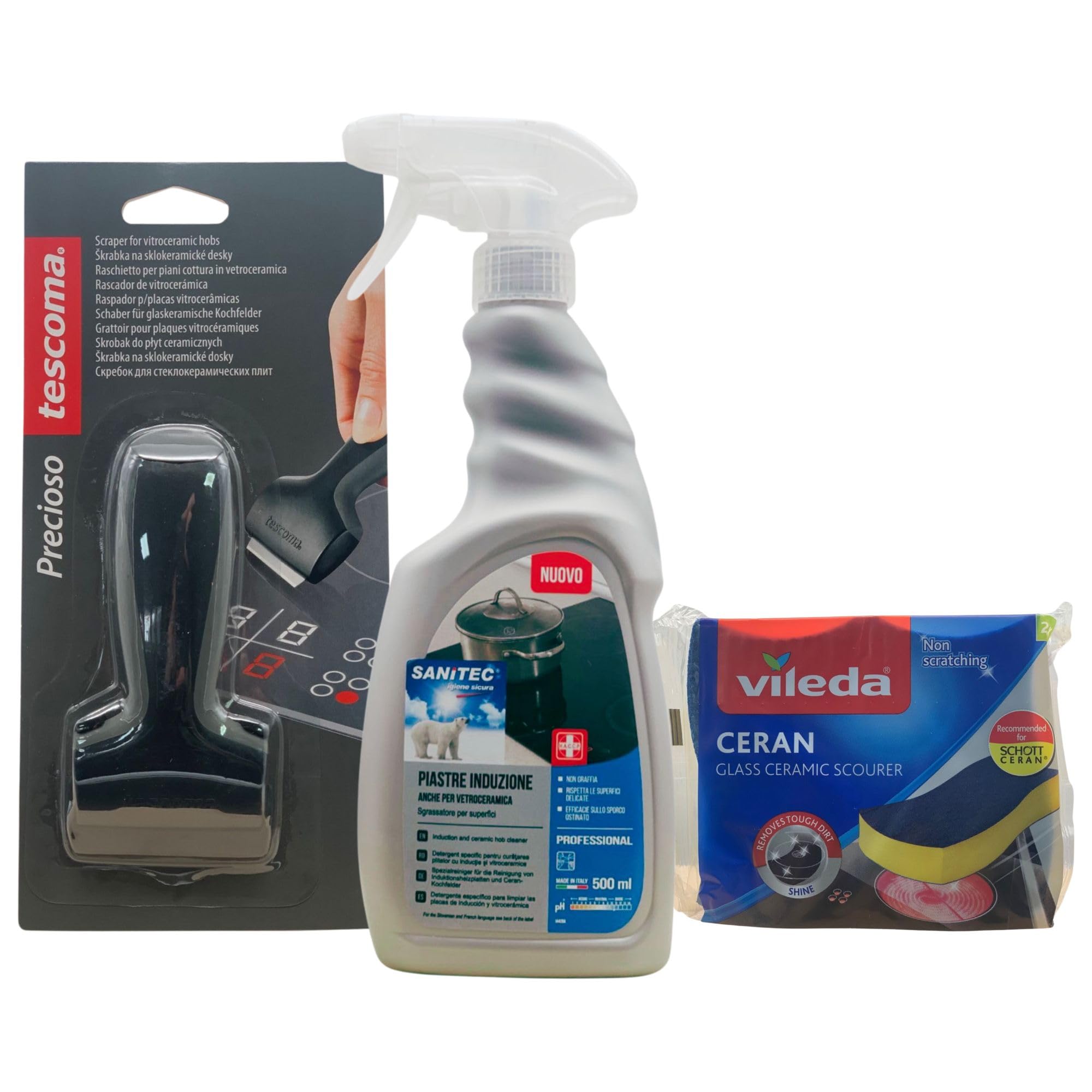 SET PULIZIA PIANI AD INDUZIONE: Detergente Spray, Piastre Induzione Anche Per Vetroceramica 500ml + Raschietto Per Piani Cottura In Vetroceramica + Spugna CERAN