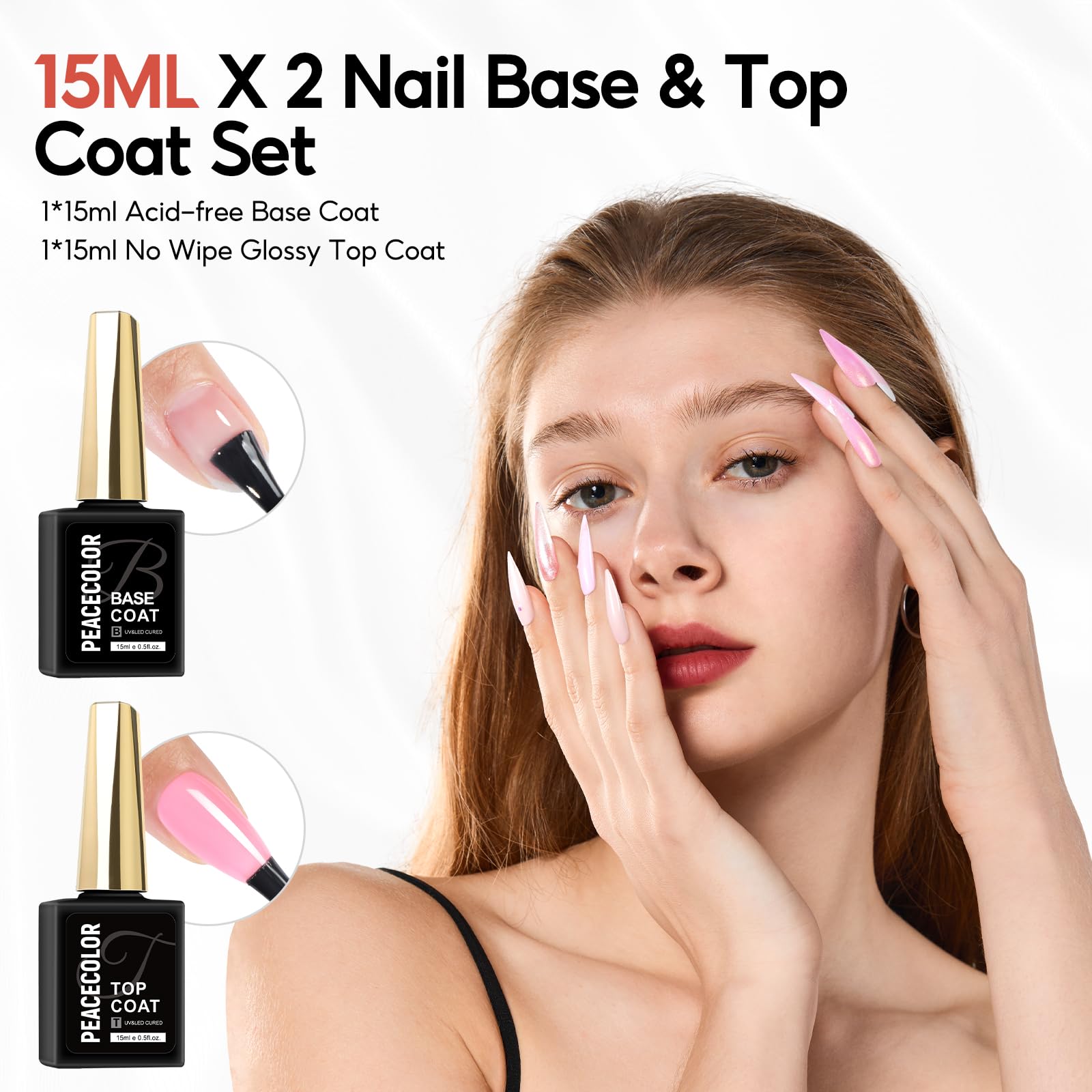 PEACECOLOR 15ML Base et Top Coat Vernis Semi Permanent Soak-Off UV/LED Gel UV No Wipe Top Coat et Base Coat pour Manucure DIY Home