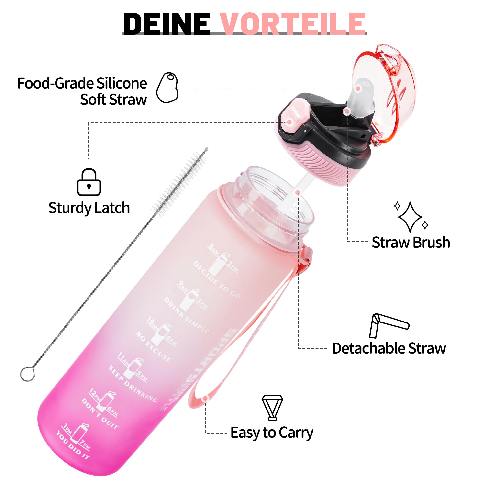 DUNSOO Borraccia 1L, Borraccia con Cannuccia con Del Tempo Motivazionale, Borraccia Sportiva, Tritan Senza BPA Bottiglia Acqua, con Spazzola per la Pulizia per Palestra, Yoga - Rosa