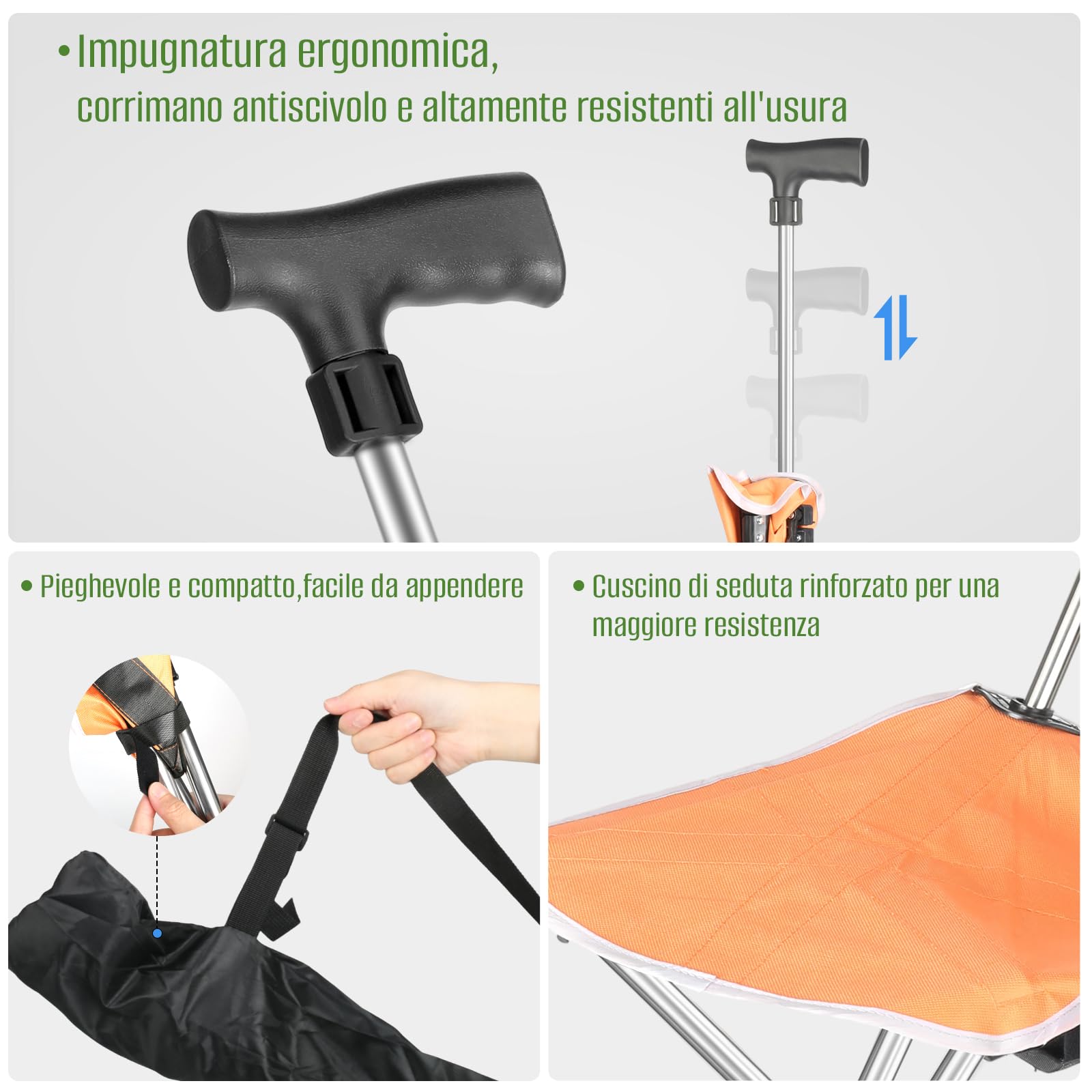 Bastone da passeggio triangolare con sedile, 2 in 1, pieghevole, leggero da 150 kg, per anziani e adulti, ideale per viaggi all'aperto, campeggio e alpinismo