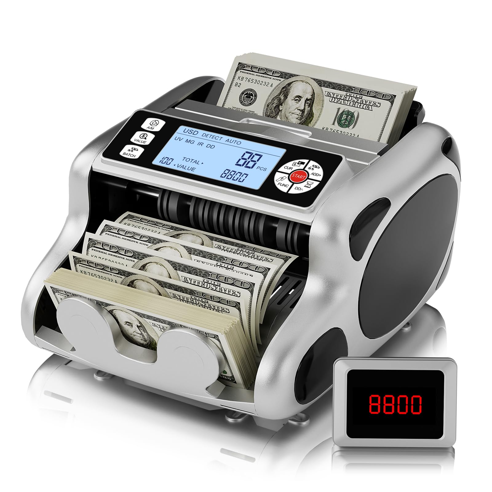 Aneken K08 Macchina Conta Banconote con display LED 3,8" e conteggio valore, rilevamento UV/MG/IR/DD/VI/FA, rilevatore di banconote false, modalità addizione e batch, 1200 banconote/min, per EUR/USD