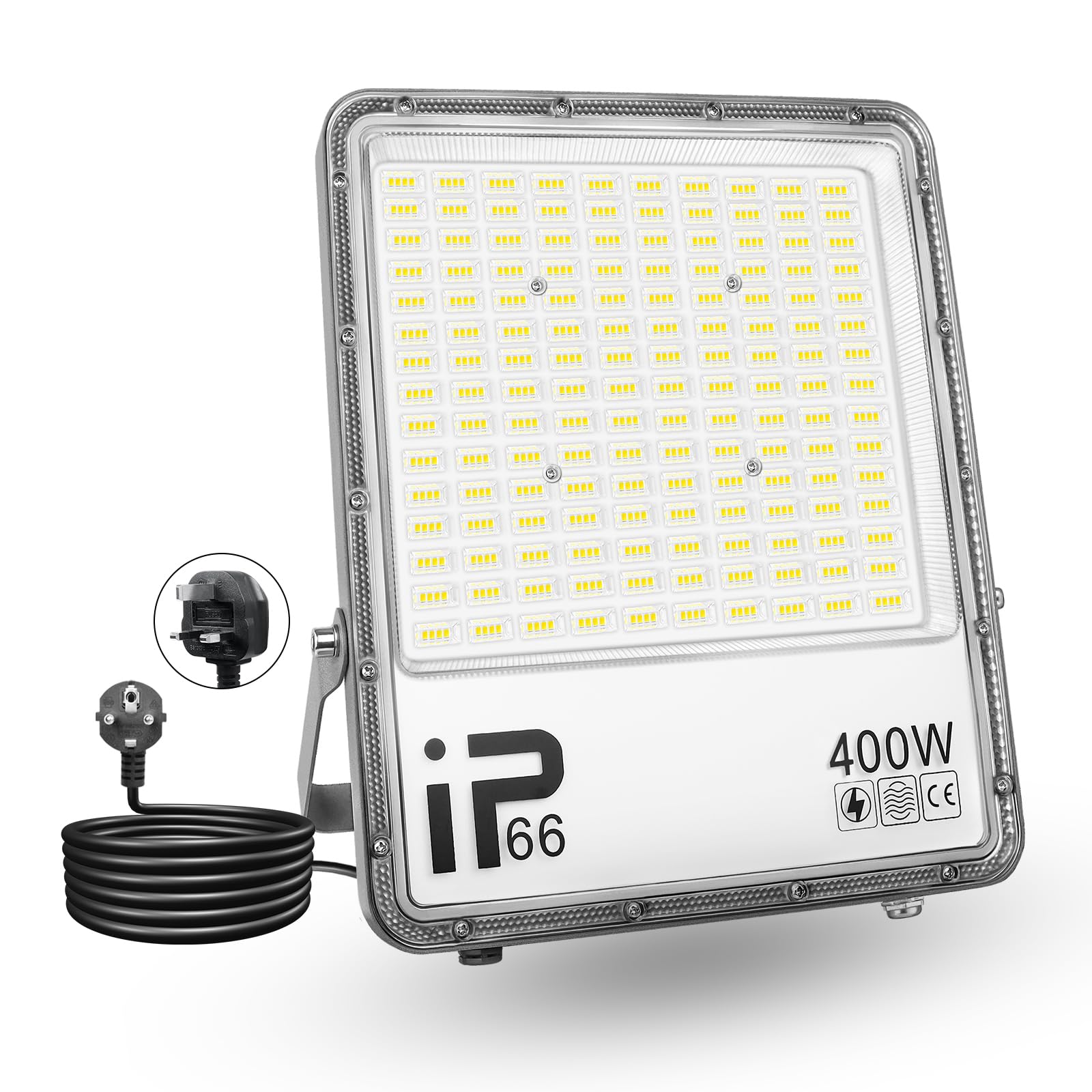 PICAA Zewnętrzne światło LED 400 W, 40000 lm, zimna biel 6500 K, wodoodporny reflektor LED IP65, oświetlenie robocze LED do drzwi wejściowych, magazynu, parkingu, podwórza, ulicy z gniazdem (2 sztuki)