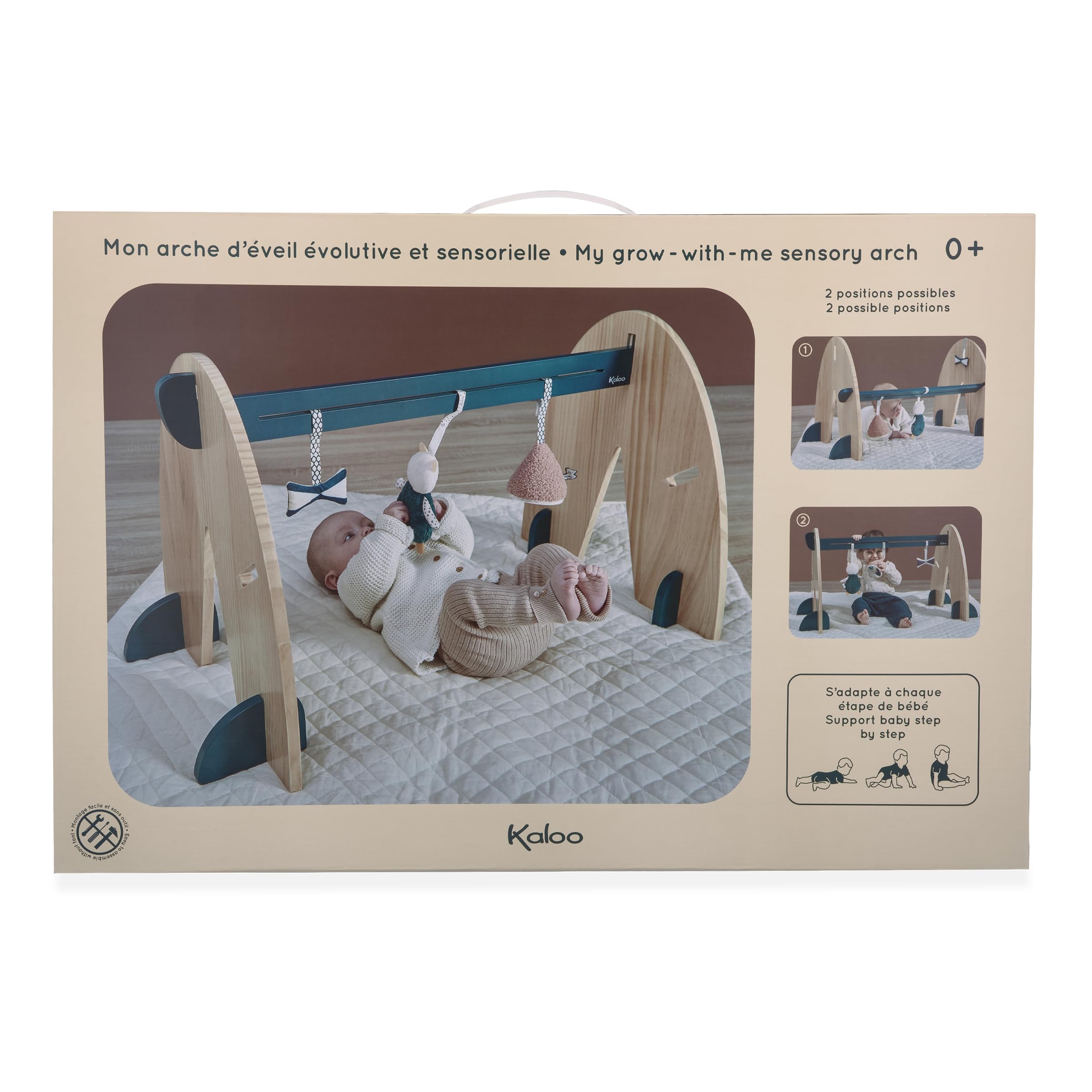KALOO - Stimuli - Arco Multisensoriale con 3 Accessori per Neonato - Arco in Legno Evolutivo - Giochi Sensoriali Appesi - Altezza 45 cm - dalla Nascita, K227004