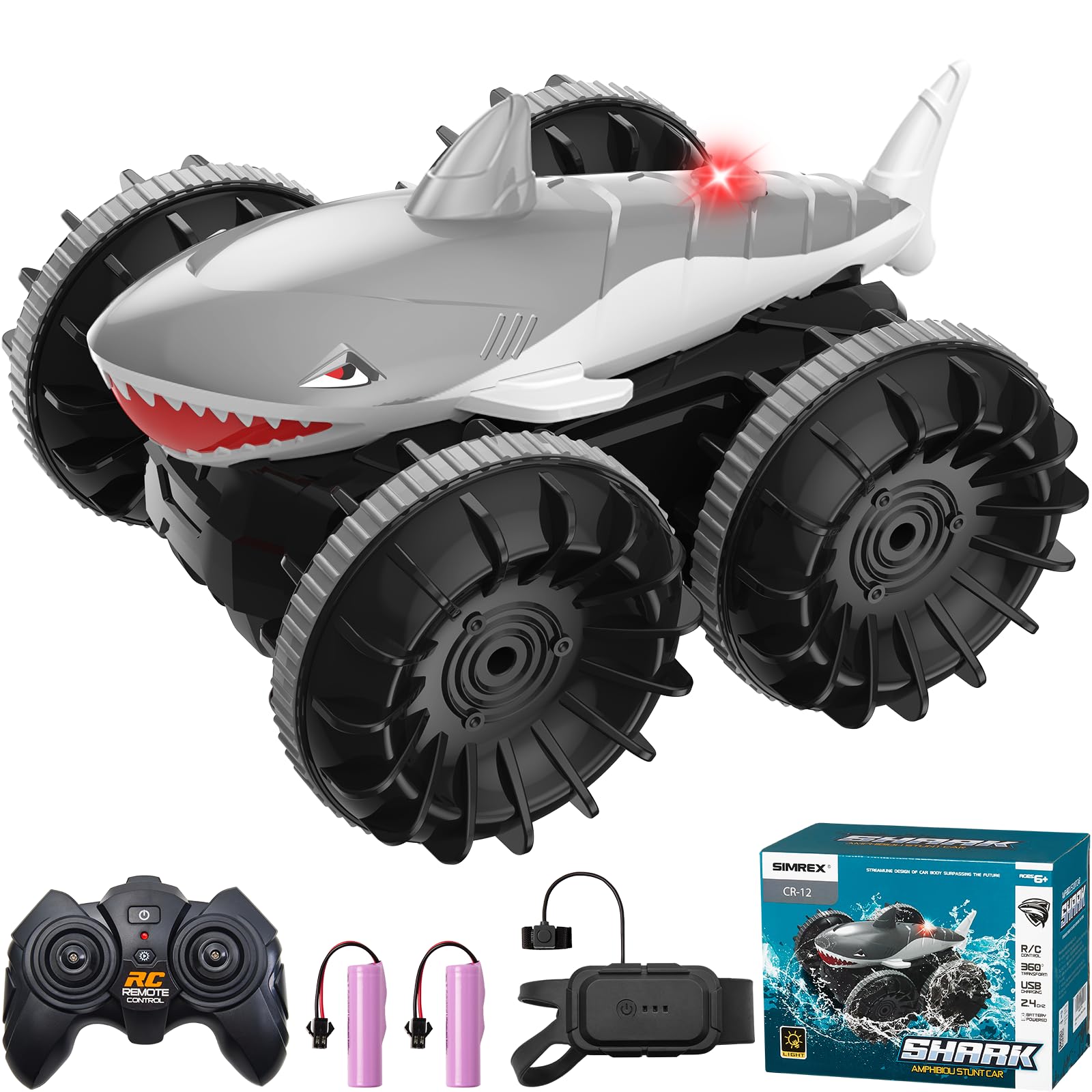 SIMREX Voiture amphibie télécommandée Shark, Cadeau pour enfants, garçons et filles, voiture RC 4WD étanche, cascade à 360°