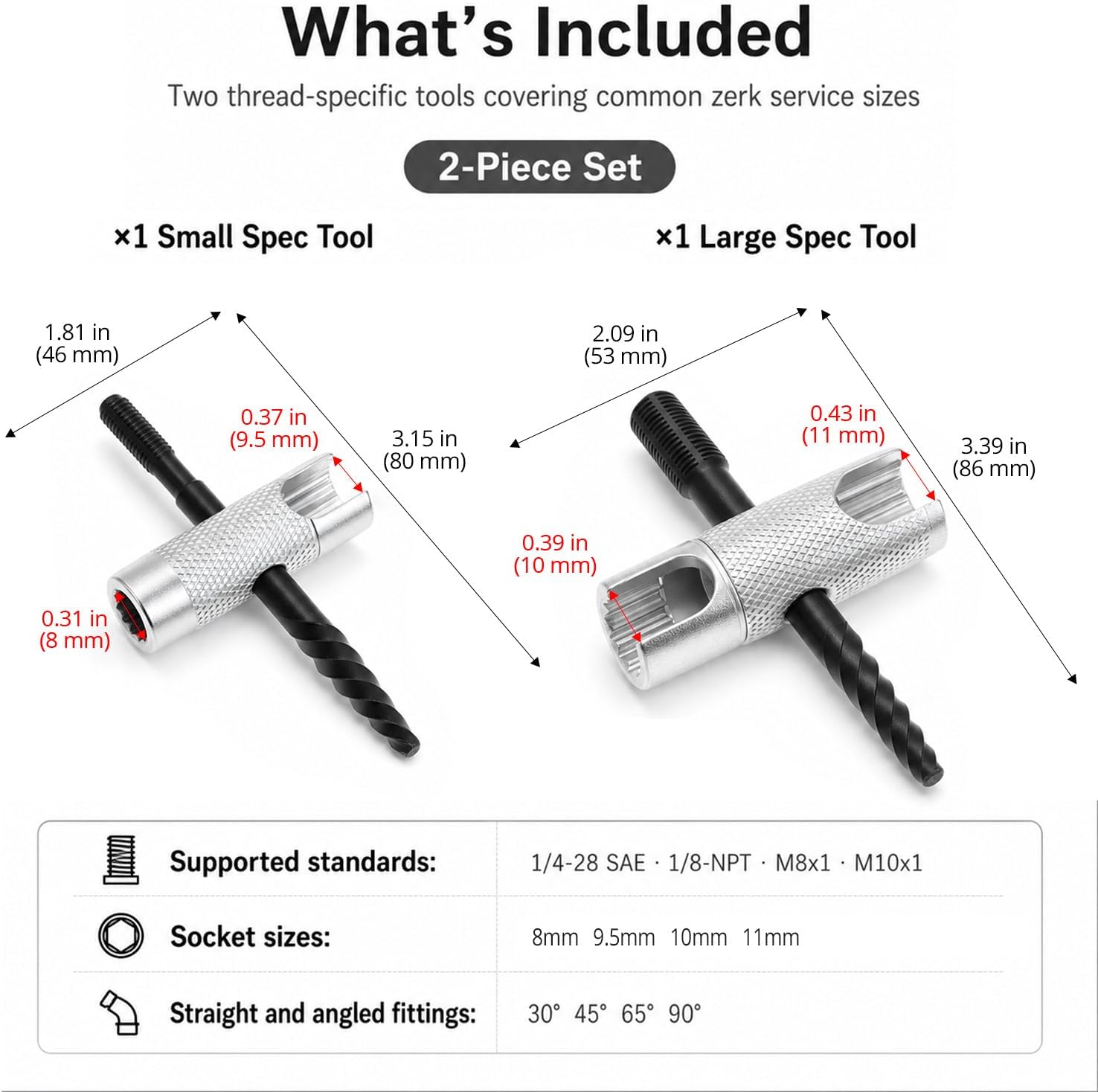 QWORK Grease Zerk Tool, 4 Way Zerk Grease Fittings Removal Tool, Heavy Duty Grease Fittings Assortment, Fit 1/8"-NPT, 1/4"-28 SAE,1M10x1 M8x1 & Hex Size 3/8" 5/16" 7/16"