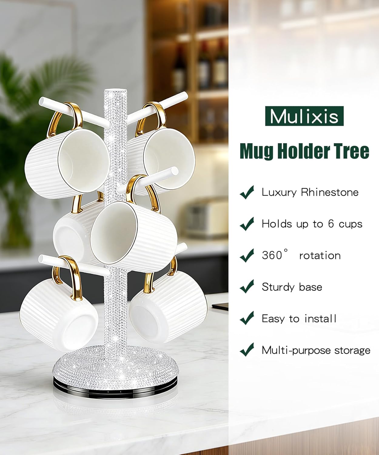 Bling Mug Holder Tree, 360° Rotation Coffee Cup Holder with 6 Hooks Crystal Rhinestone Mug Tree Rack Aesthetic Design Home Organization（White）