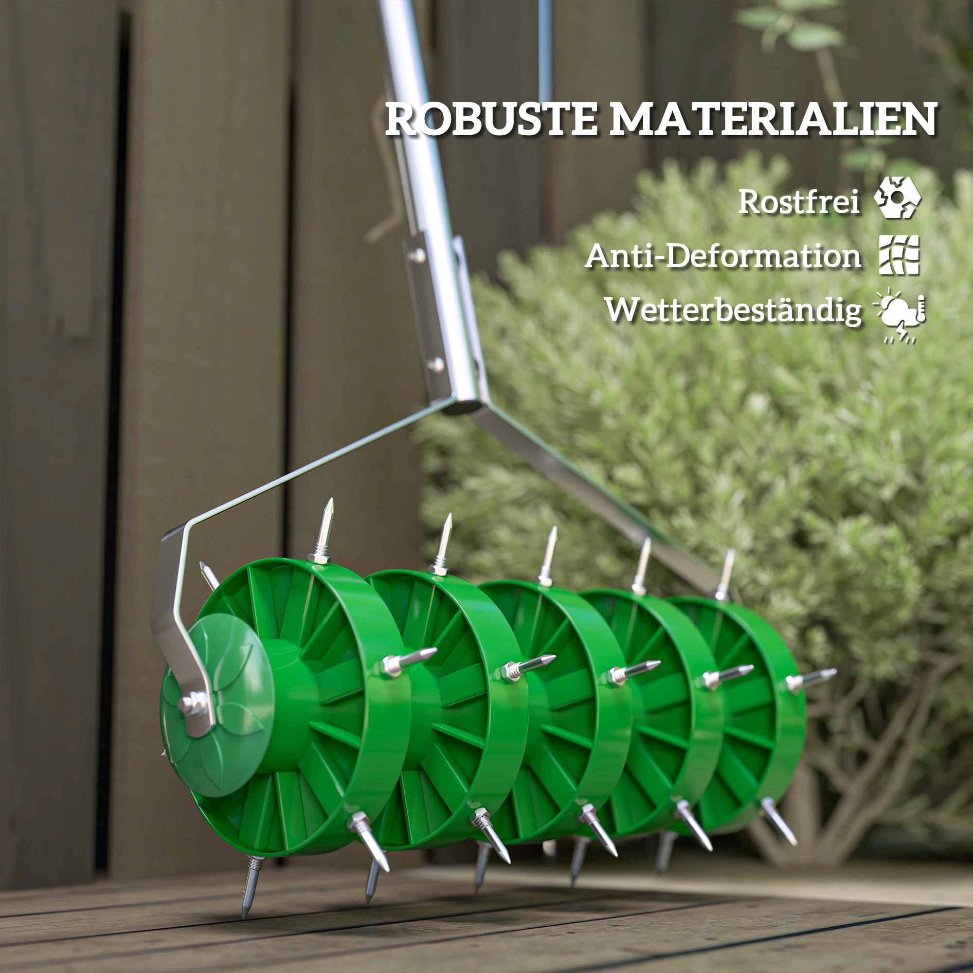 Outsunny Aerator do trawnika, szerokość 45 cm, ręczny napowietrzacz trawnika z 30 żelaznymi kolcami, narzędzia ogrodowe, szyna dna, rdzeń dna, wertykulator dzięcioł, pielęgnacja trawników na