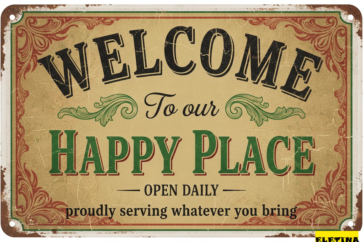 Personalized Sign for Man Cave Welcome To Our Happy Place Proudly Serving Whatever You Bring Metal Tin Backyard Decor Metal Our Happy Place Wall 8x12 Inch Private Property Decorative
