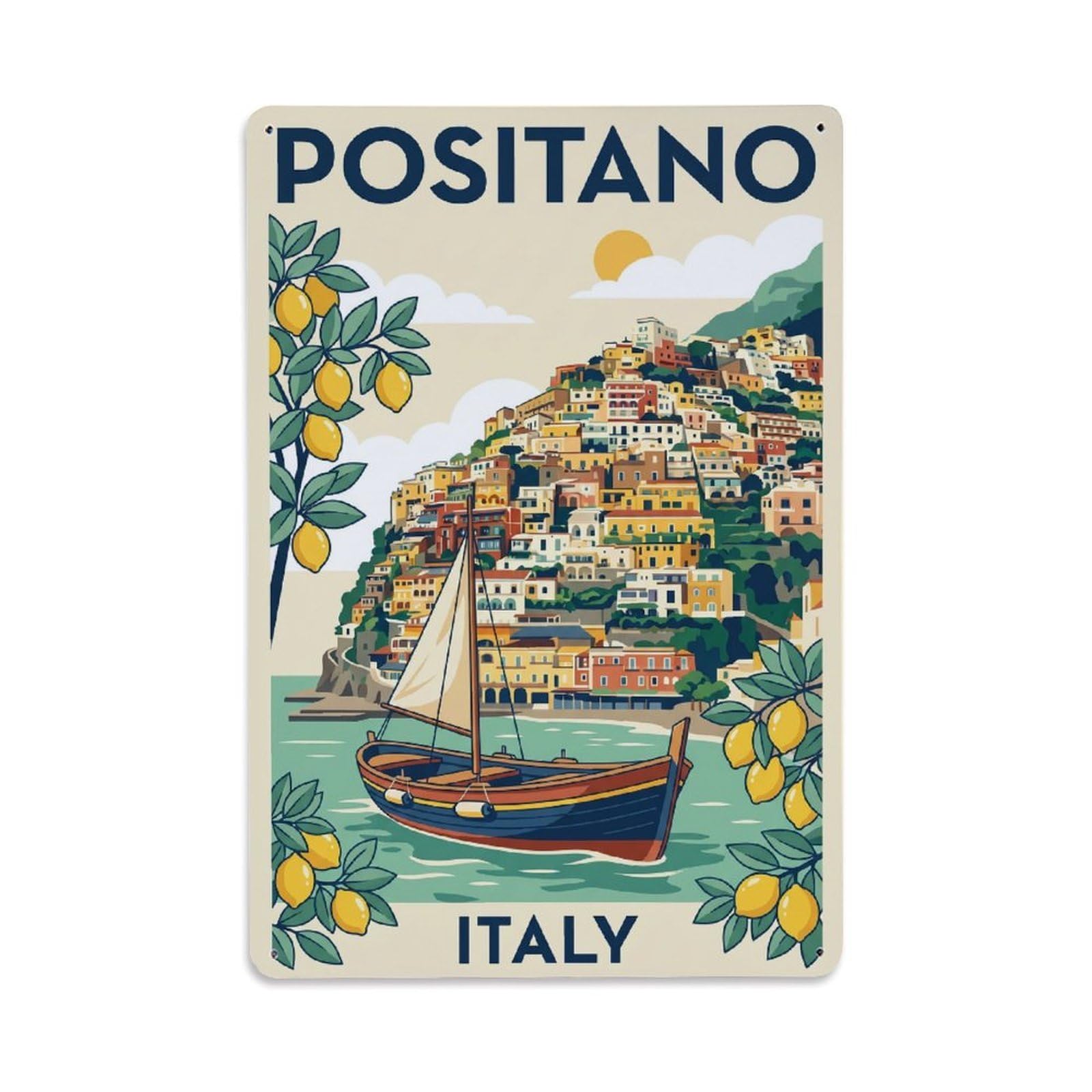 Vintage Travel Positano Italy Nomad Metal Tin Sign Plaque Wall Decor for Cafe, Club Bar, Office, Garden Metal Poster 8x12Inch