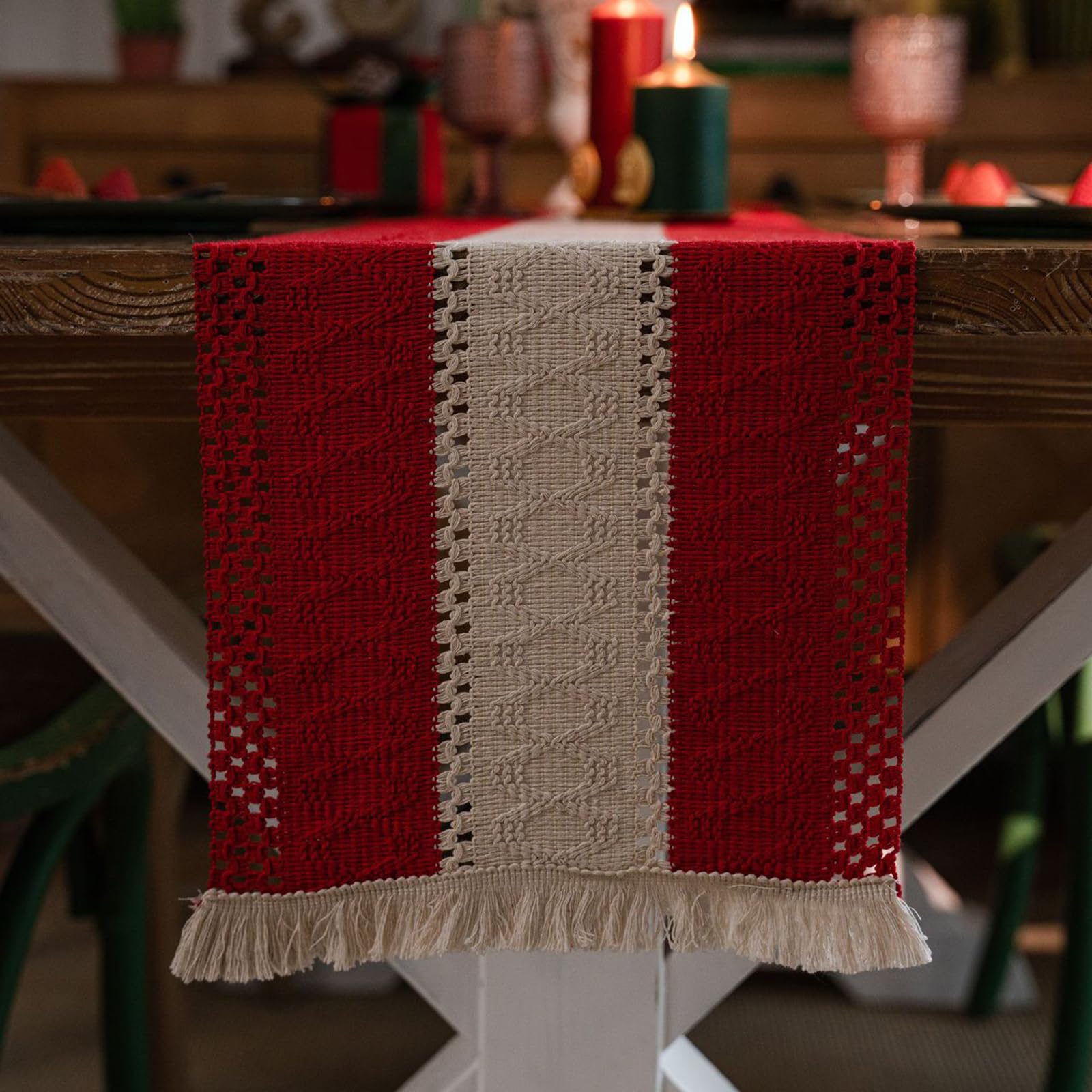Rustykalny bieżnik z frędzlami, ręcznie tkana bawełna i len Dekoracja stołu wiejskiego Bieżnik na przyjęcie świąteczne, dekoracje w stylu vintage Boho czerwone po obu stronach 30*400 /83