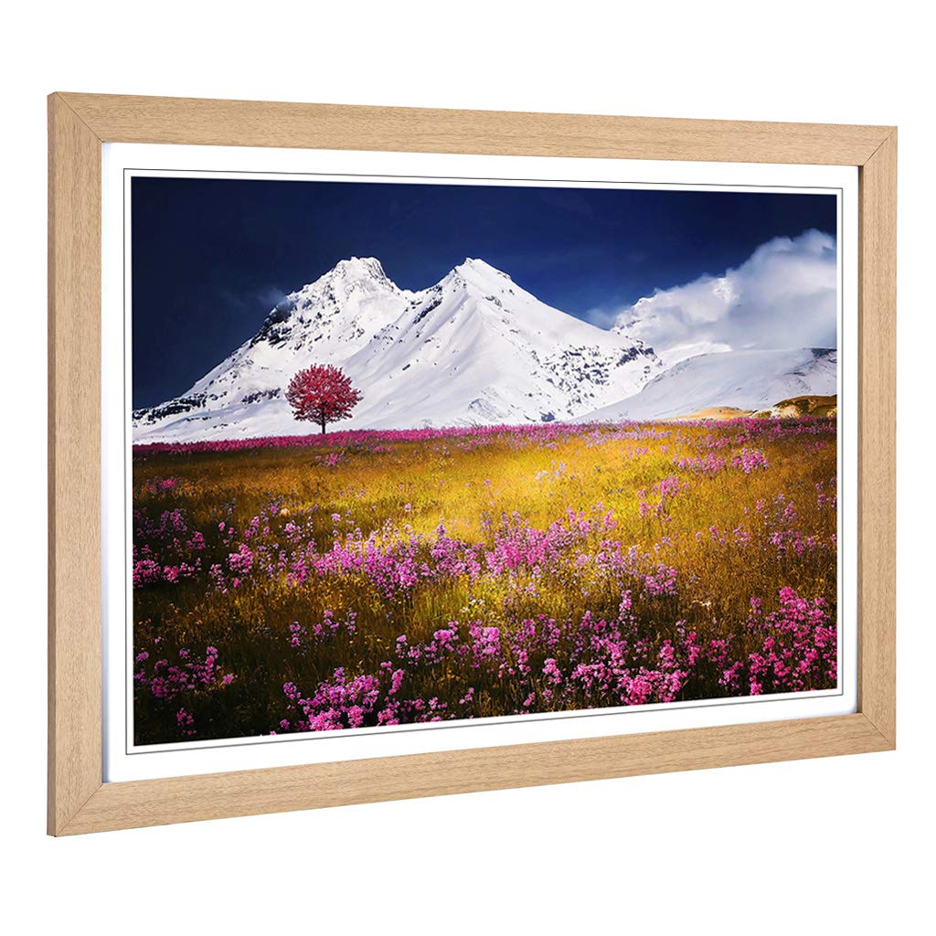 Big Box Art Framed Print of Landscape Lone Tree, Flowers & Montains Design | Wall Art Picture | Home Decor for Kitchen, Living Room, Bedroom, Hallway, Oak, A2 / 24.5x18 Inch / 62x45cm