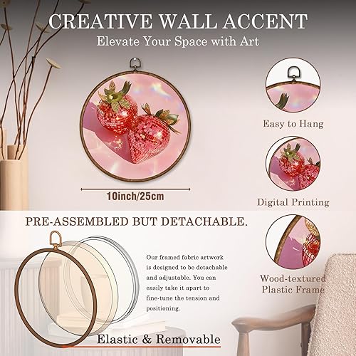 Miniatura 3 de Voxitura Arte de pared de frutas de fresa y disco con marco redondo, decoración de pared de color rosa, lienzo femenino para habitación y cocina,