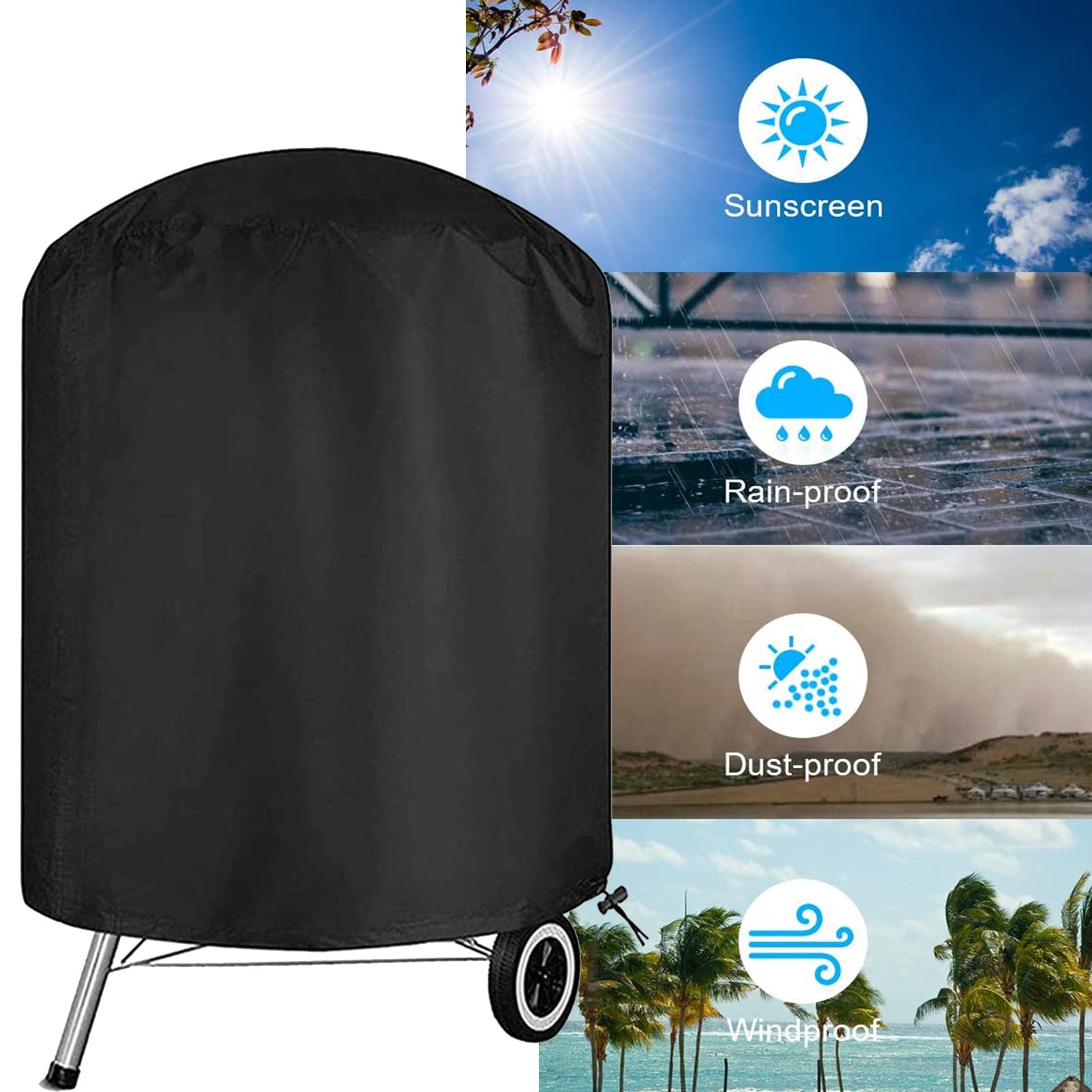 Copertura impermeabile per barbecue con Dstring RoundProtect, antivento e resistente ai raggi UV, 210D, 90 x 85 cm, colore: nero, accessorio per barbecue all'aperto