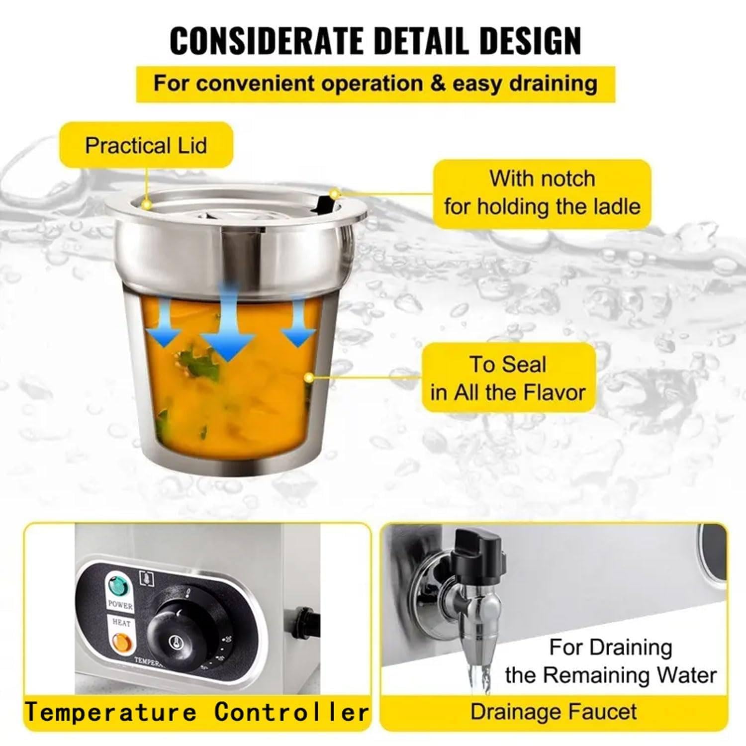 Calentador comercial de comida de mesa de vapor Bain Marie 1500W, 4x7L para restaurantes de catering.Protector de sopa eléctrico 110-240V con control de temperatura.Servidor de buffet de acero inserbl